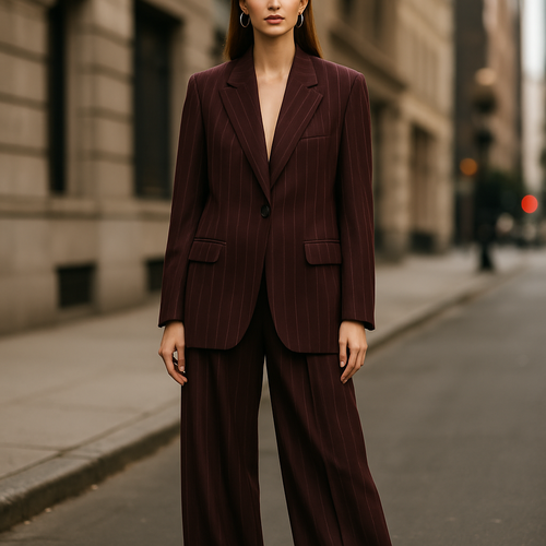 High fashion editorial full body shot of a female model walking in an urban city setting, wearing a dark bordeaux oversized blazer and palazzo pants set, fabric with single thin vertical white pinstripes, evenly spaced, straight and orderly (no double stripes), luxury wool texture. Blazer with a single button (no extra buttons), no chest pocket, only two flap pockets at the bottom. Oversized fit, elegant styling, cinematic fashion photography, luxury magazine aesthetic