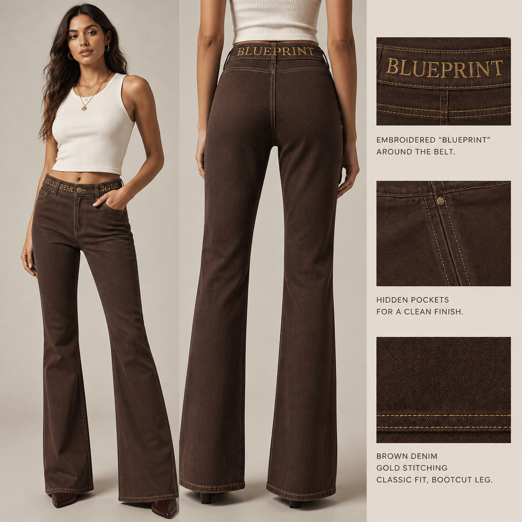 womens brown bootcut jeans with hidden pockets and gold stitching. The brand name, BLUEPRINT, should be embroidered around the belt
Women's brown denim bootcut jeans, classic fit, with hidden pockets and gold stitching. Features an embroidered "BLUEPRINT" around the belt.