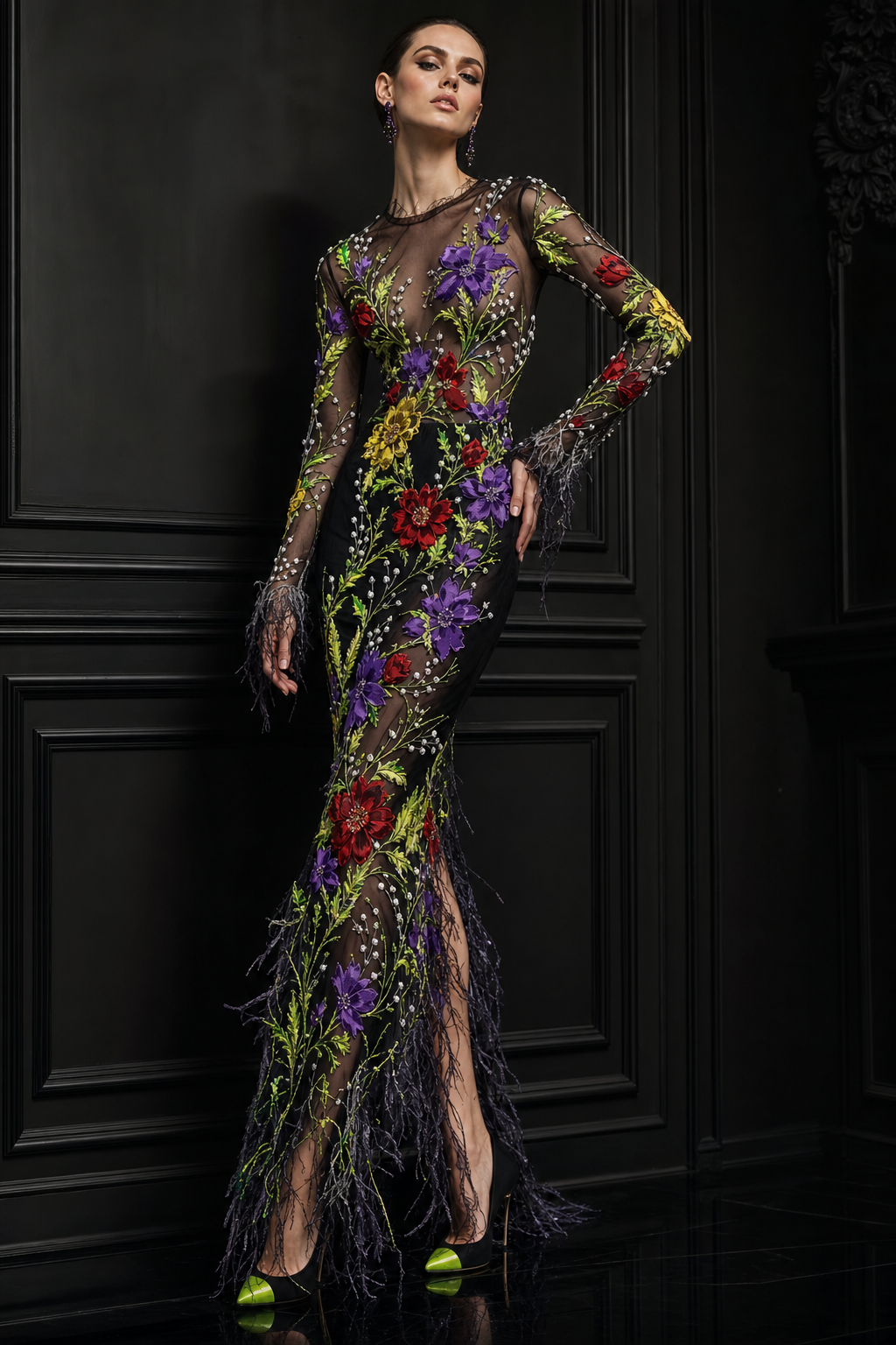 Black long see thru dress tight with long sleeves. Purple and red and yellow flowers see thru on dress with neon green leaves. Little white buds on flowers. Frayed edges on bottom of dress and frayed ends at bottom of dress. Black high heel shoes with neon green cap toe.
Haute Couture fashion design: Black silk illusion gown, body-skimming, long sleeves. Adorned with embroidered purple, red, and yellow flowers, neon green leaves, and white beaded buds. The hemline and cuffs are exquisitely frayed. Paired with black high heels featuring a neon green cap toe.