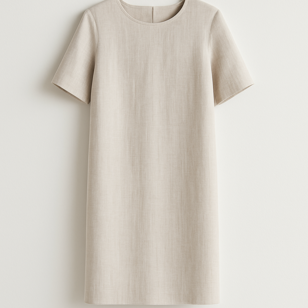 Minimalist linen dress with clean lines

Minimalist fashion design: Minimalist linen dress, straight silhouette, knee-length, with a round neck.