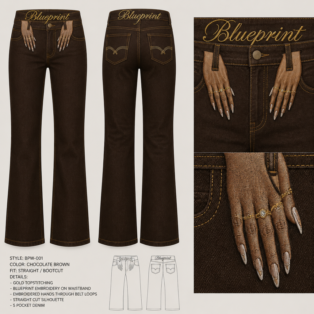 Chocolate brown bootcut jeans with gold stitching, blueprint embroidery in large cursive font spanning the entire belt band area, include embroidered women's manicured hands with long nails through front belt loops
**Chocolate brown bootcut denim jeans** with gold stitching, blueprint embroidery in a large cursive font on the entire belt band. The jeans are a straight cut silhouette. Embroidered women's manicured hands with long nails are positioned through the front belt loops.