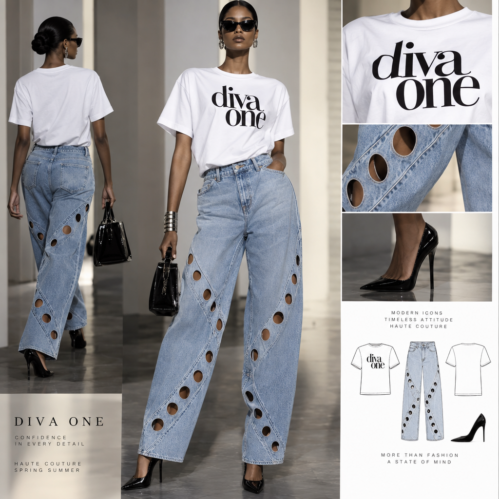 Baggy light blue jeans with diagnol cut out pokadots on jeans. White t-shirt saying in black diva one. Black high heel.
Baggy light blue jeans with diagnol cut out pokadots on jeans. White t-shirt saying in black diva one. Black high heel. , haute couture style