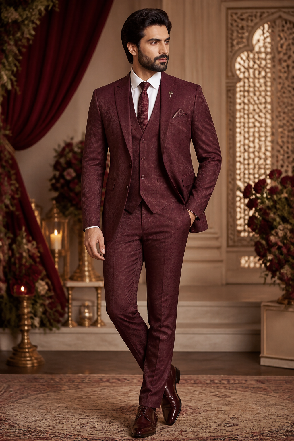 Create a avtar for Coat pant in 3 pcs suit set for punjabi wedding in authentic style
Ready To Wear fashion design: "Men's three-piece suit, tailored fit, in rich maroon silk. Features a classic notched lapel jacket, a matching waistcoat, and slim-fit trousers. Subtle tone-on-tone self-pattern for a sophisticated touch, suitable for a Punjabi wedding."