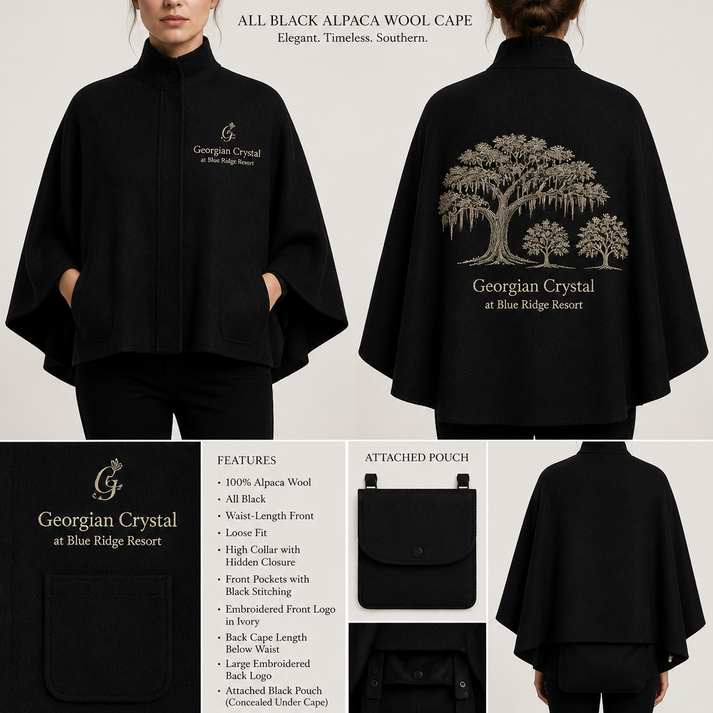 All Black warm long-sleeve cape, waist-length, all-around one-piece mens alpaca wool suit with "Georgian Crystal at Blue Ridge Resort" embroidered front logo with Ivory stitching, then add black pockets. Make sure pockets have black stitching. Include an attachable black pouch under the cape to hold pens, a small pen pad, front office cordless phone, and front office keys. Back of cape must show logo large with Southern Live Oak Tree With Spanish Moss and Peach Trees with fallen peaches gracing the edges of the back cape like the Atlanta skyline. Please make sure the cape is large enough to cover the pouch and reaching below the waist.
All Black warm long-sleeve alpaca wool cape. Waist-length, loose fit. Embroidered front logo "Georgian Crystal at Blue Ridge Resort" in ivory stitching. Black pockets with black stitching. Attach black pouch under cape. Back of cape features large embroidered logo: Southern Live Oak Tree With Spanish Moss and Peach Trees. Cape covers pouch, reaches below waist.