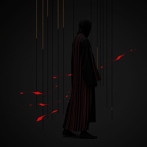 
Design a men's kimono with a futuristic, minimalist aesthetic. The kimono should feature vertical lines in varying widths and lengths, randomly placed across the fabric in red, creating a dynamic and fluid pattern. The base color should be black, with the red lines adding an energetic, yet balanced contrast. The design should evoke a modern and shamanic feel, blending tradition with innovation. The overall silhouette should be sleek, clean, and sophisticated, combining spiritual and futuristic elements."
