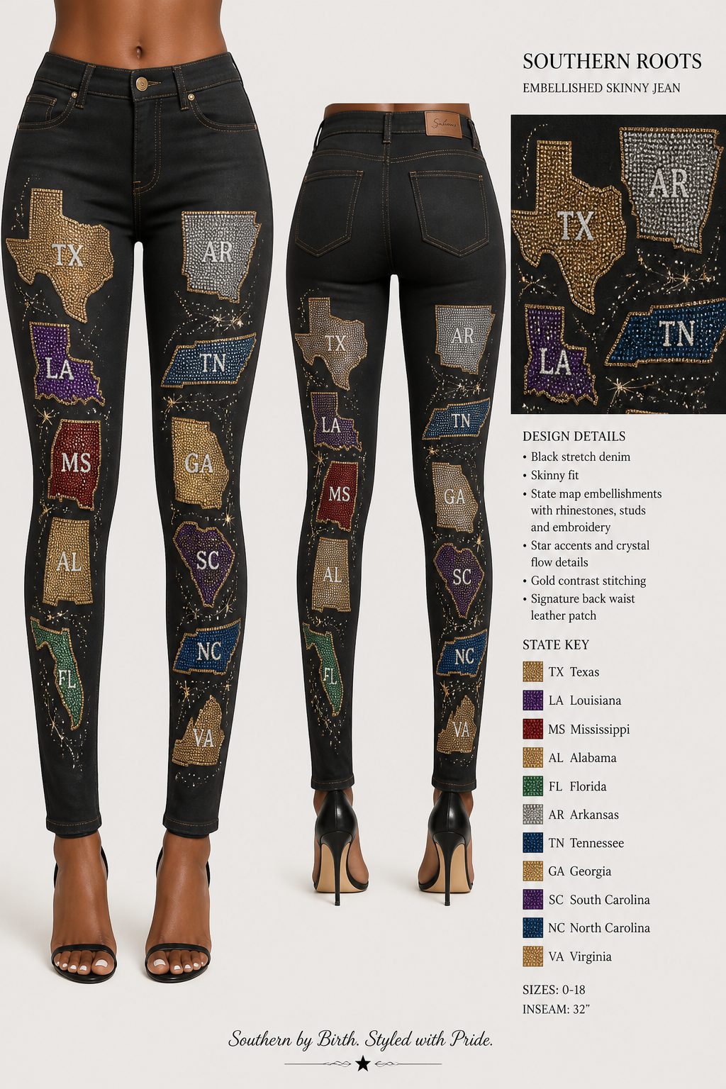 Black Women's skinny jean with embellishments of the group of southern states in the united states on both jean legs
Black Women's skinny jean with embellishments of the group of southern states in the united states on both jean legs