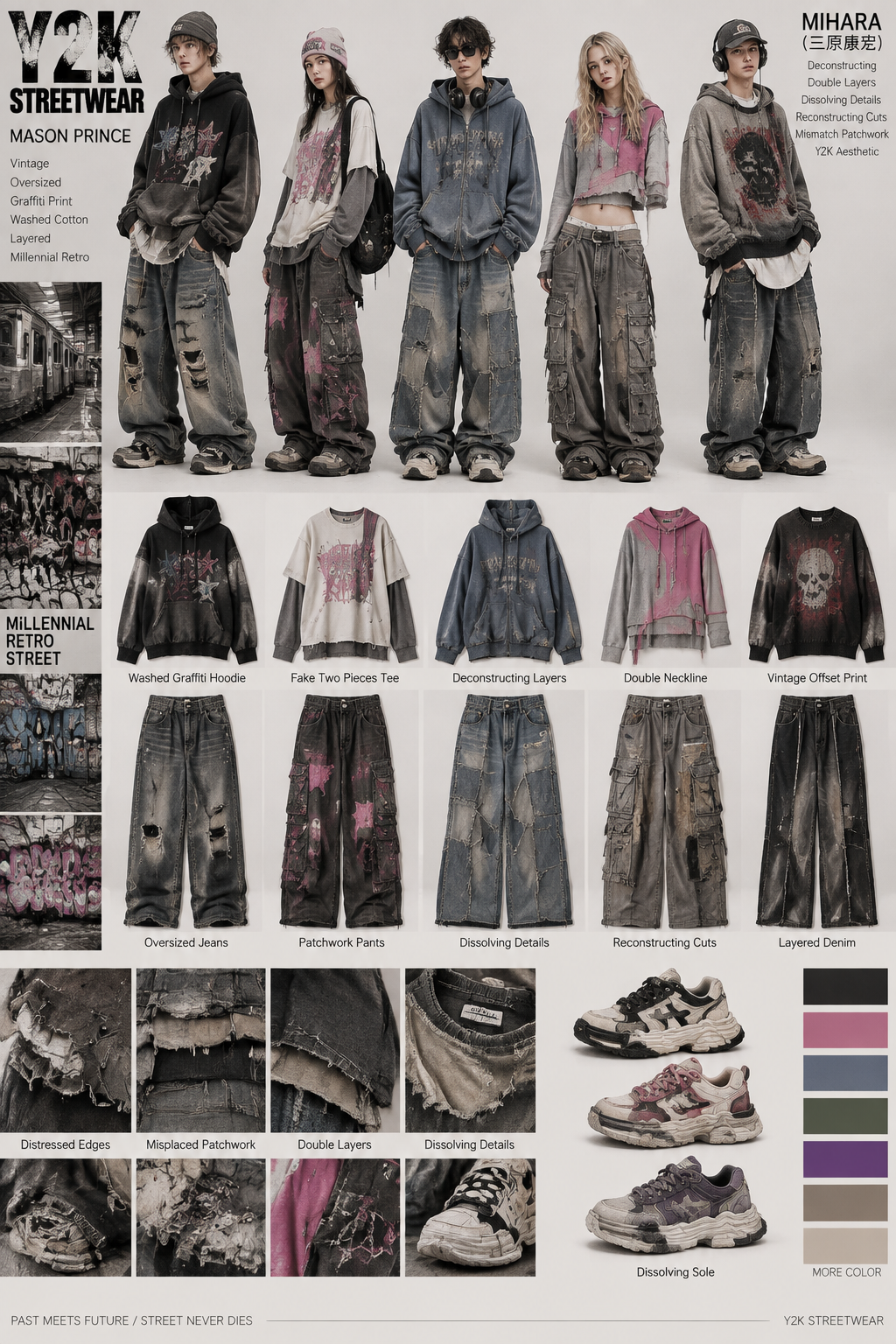 4. Y2K STREETWEAR
Core: Millennial retro street, loose and casual, retro wash and graffiti/patchwork elements
MASON PRINCE
Vintage Oversized silhouette: Extremely loose silhouette (Vibe/Vintage fit), drop shoulder cut, vintage aged offset print/graffiti print, washed aged cotton and linen.
Layers: Fake two pieces or loose jeans do old mop feel.
MIHARA(三原康宏) ,
Deconstructing double layers and dissolving details: The classic “dissolving sole” visually extends to the garment – misplaced patchwork, double neckline/waist, dissolving irregular edges, restructuring cuts that stitch together two different garments (such as a tee and a hoodie).more color
4. Y2K STREETWEAR
Core: Millennial retro street, loose and casual, retro wash and graffiti/patchwork elements
MASON PRINCE
Vintage Oversized silhouette: Extremely loose silhouette (Vibe/Vintage fit), drop shoulder cut, vintage aged offset print/graffiti print, washed aged cotton and linen.
Layers: Fake two pieces or loose jeans do old mop feel.
MIHARA(三原康宏) ,
Deconstructing double layers and dissolving details: The classic “dissolving sole” visually extends to the garment – misplaced patchwork, double neckline/waist, dissolving irregular edges, restructuring cuts that stitch together two different garments (such as a tee and a hoodie).more color
, y2k style