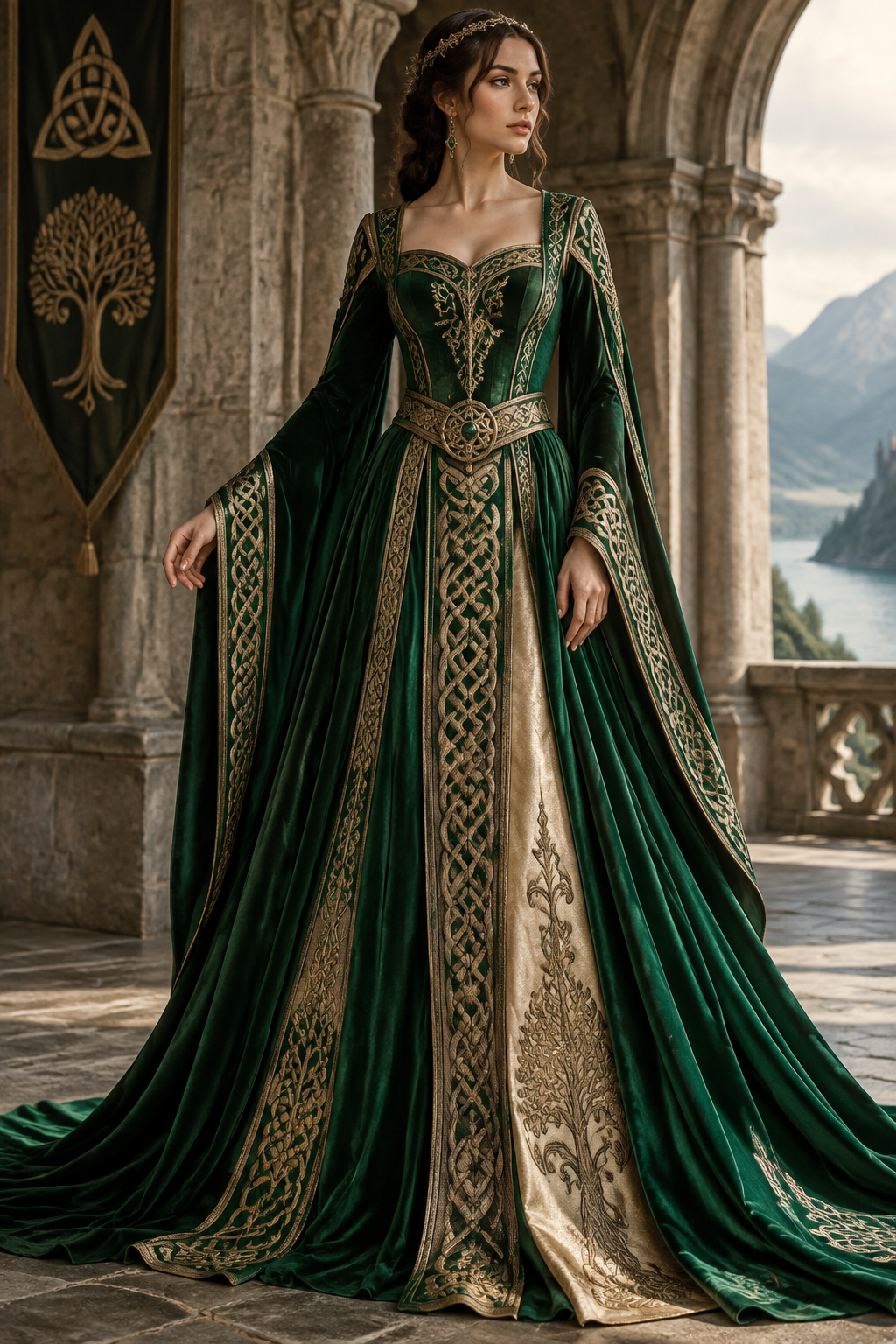 Long, flowing Emerald Green and Gold medieval Celtic-inspired formal haute couture dress
Long, flowing Emerald Green and Gold medieval Celtic-inspired formal haute couture dress, haute couture style