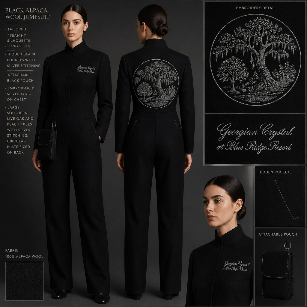 Black warm trench long-sleeve timeless elegance tailored professional jumpsuit made of alpaca wool with silver cursive font embroidered "Georgian Crystal at Blue Ridge Resort" on front logo with silver stitching, then add hidden black pockets. Make sure non-sheen pockets have silver stitching. Include an attachable hidden black pouch to hold pens, a small pen pad, front office cordless phone, and front office keys. Large logo should include a silver-stitched only Southern Live Oak Tree with Spanish Moss and Peach Trees with fallen peaches, influenced by the Atlanta skyline on the front chest area only, and The entire front chest logo size should be the size of a circular plate, including the resort name. Create a design for women in the front office only.
Black alpaca wool jumpsuit, tailored, straight silhouette, long-sleeve. Embroidered silver cursive "Georgian Crystal at Blue Ridge Resort" logo on chest, large Southern Live Oak and Peach Trees with silver stitching, circular plate sized. Hidden black pockets with silver stitching. Attachabe black pouch.