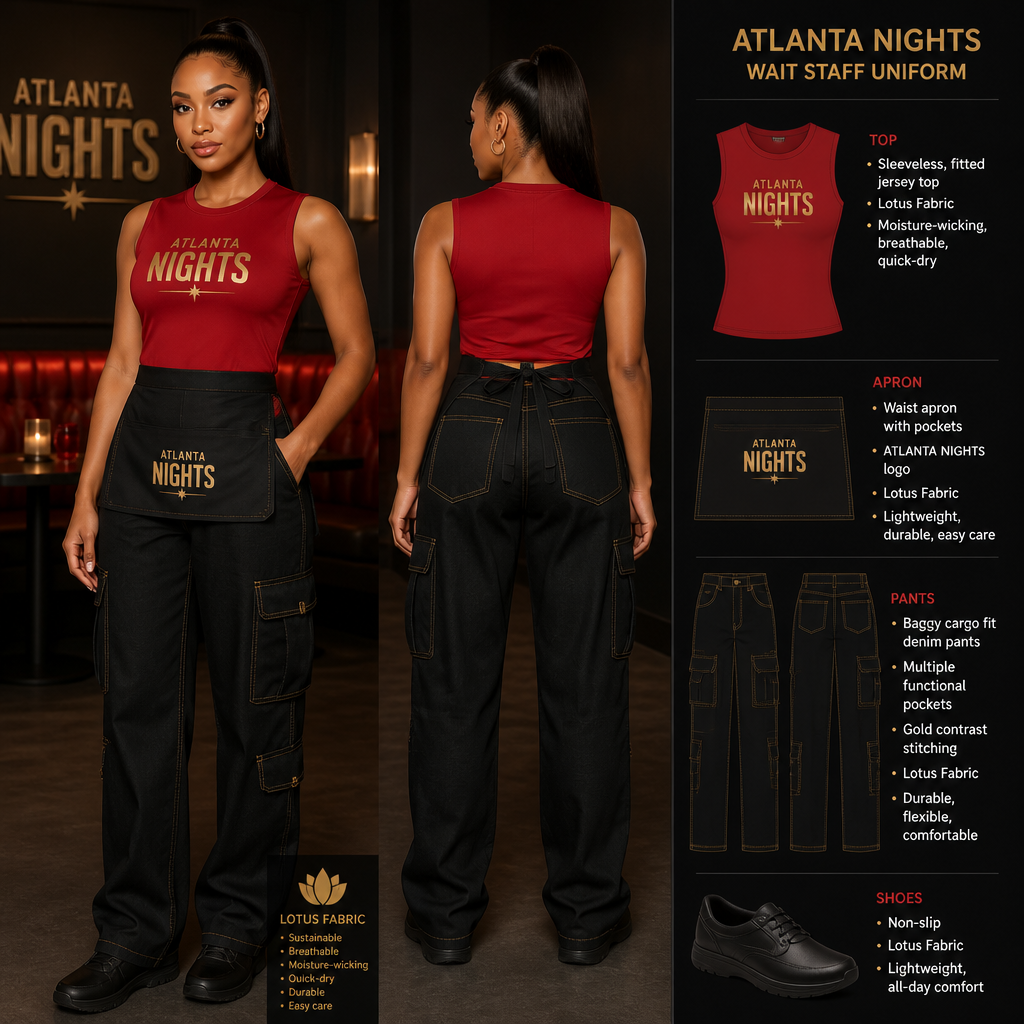 womens wait staff uniform with red sleeveless, fitted jersey with ATLANTA NIGHTS business logo tucked in with black baggy cargo fit denim with multiple pockets and relaxed and gold stitching, streetwear inspired and black non slip shoes. Include a black apron with the ATLANTA NIGHTS logo as well. Uniform is made of lotus fabric
Women's wait staff uniform. Red sleeveless, fitted jersey top with "ATLANTA NIGHTS" logo, tucked in. Black baggy cargo fit denim pants with multiple pockets and gold stitching. Black apron with "ATLANTA NIGHTS" logo. Black non-slip shoes. All made from lotus fabric.