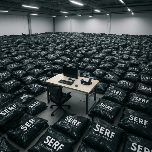 A high-angle overhead drone shot inside a minimalist textile warehouse. The floor is almost fully covered with black SERF branded shipping bags, stacked in clusters like a sea of packages, creating an impressive visual of high volume orders. The SERF logo and “See With Your Heart” text is clearly visible on many of the glossy black packages. In the center, there is a simple desk with a computer, a chair, and packaging equipment, showing an active e-commerce packing station. The camera slowly rises upward like a drone, revealing more and more SERF bags filling the warehouse floor. Industrial warehouse lighting, cold white tone, ultra realistic, 4K detail, dramatic successful brand feeling, no people.
