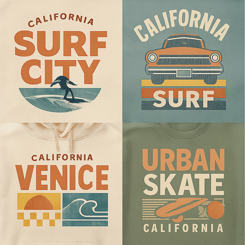 Create a variety of streetwear-style t-shirt and hoodie graphics and logos, featuring bold, trendy designs inspired by California surf vibes and urban lifestyle. Include abstract patterns, oversized typography, retro logos, subtle animal motifs like seagulls, waves, sunsets, skaters, or cars. Designs should be youthful, casual, and edgy, suitable for screen printing on apparel. Use muted pastels, washed denim blues, and earth tones, with clean lines and modern style. Vector-ready, high-detail, wearable streetwear aesthetic logos, including novry est.09