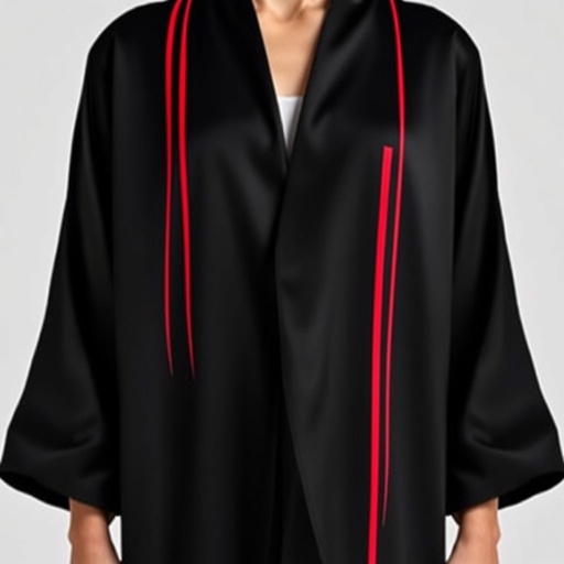 Design a men's kimono with a futuristic, minimalist aesthetic. On one side of the kimono, feature vertical lines in varying widths and lengths, randomly placed in red, creating a dynamic and fluid pattern. The other side should remain clean and simple, maintaining a sleek, modern silhouette. The base color should be black, with the red lines adding contrast and energy to one side. The overall design should combine a modern, shamanic feel, blending tradition with innovation, and evoke both spiritual and futuristic elements."
