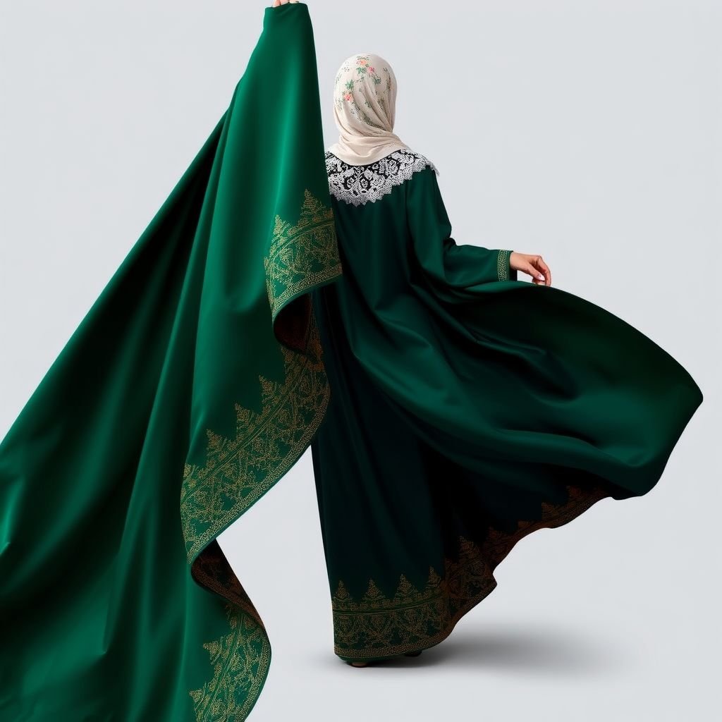 Arab women's abaya design


Elegant silk abaya, flowing fabric cascading gracefully to the ground. Intricate gold embroidery tracing geometric patterns along the sleeves and hem. Rich deep emerald green, catching light effortlessly. Structured silhouette enhancing the wearer’s form, contrasting with soft drape. Complemented by a delicate lace hijab, featuring subtle floral motifs. Timeless sophistication embodies femininity.