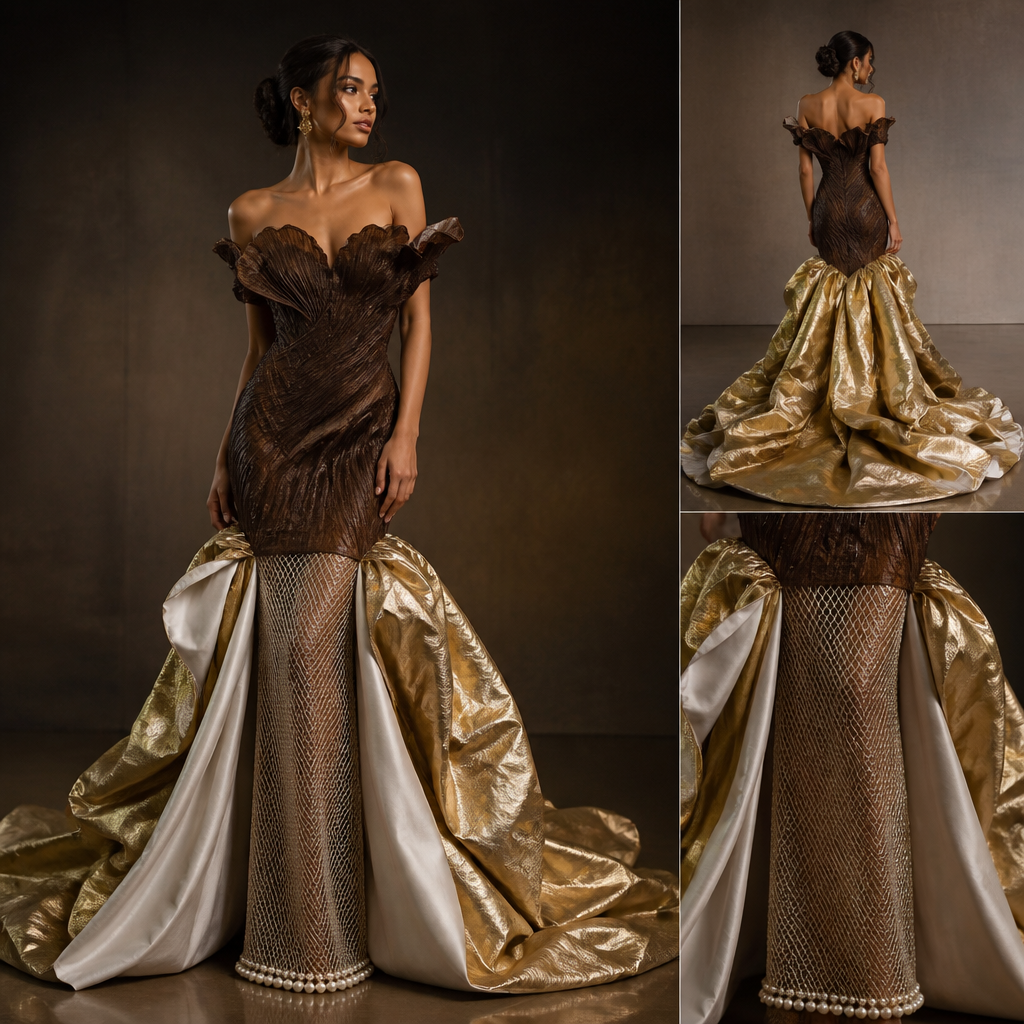 Off-the-shoulder, timeless, modest mermaid gown with a piped chocolate-brown oyster bodice extending to mid-thigh and a gold avant-garde train starting at the knees, with a pure white inner lining like the nacre inside a clam. The slip under the dress should be of metallic netting with lines of pearls gracing the bottom of the netting.
Off-the-shoulder mermaid gown. Chocolate-brown oyster bodice, fitted, extending to mid-thigh. Gold avant-garde train, voluminous, starting at the knees. Pure white inner lining. Metallic netting slip, straight silhouette, with pearl trim at the hem.