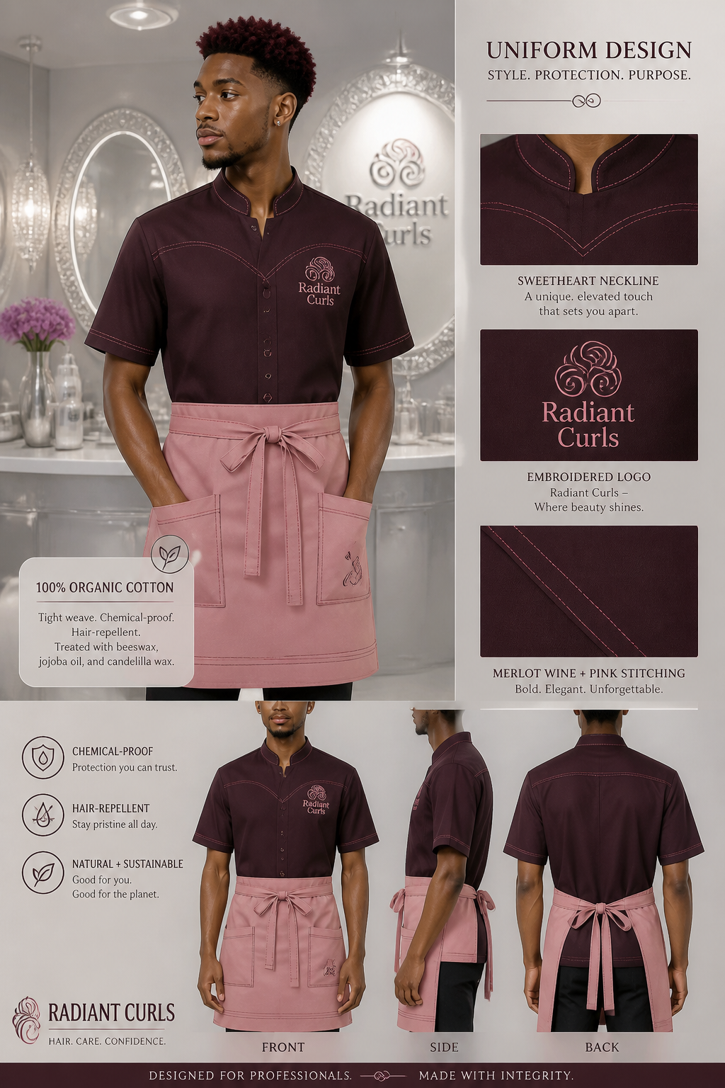 Black men's Merlot wine hair school uniform button-up smock with extra pink stitching and sweetheart neckline. Include logo: Radiant Curls. Include a pink-colored apron with Merlot wine stitching. Spa decor should be silver and pearl. Uniform fabric should be 100% organic cotton tight weave treated with a chemical-proof and hair-repellent coating made of beeswax, jojoba oil, and candelilla wax.
Black men's Merlot wine hair school uniform button-up smock with extra pink stitching and sweetheart neckline. Include logo: Radiant Curls. Include a pink-colored apron with Merlot wine stitching. Spa decor should be silver and pearl. Uniform fabric should be 100% organic cotton tight weave treated with a chemical-proof and hair-repellent coating made of beeswax, jojoba oil, and candelilla wax.