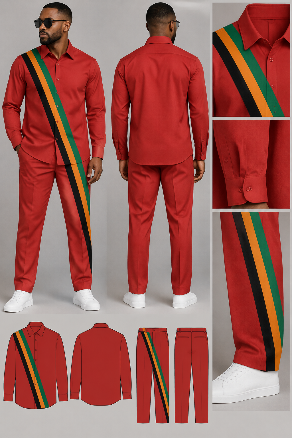Red 2piece with collar shirt sleeve and button down,three lines from shoulder across chest to bottom pants on the opposite side,lines should be black orange green
Red 2piece with collar shirt sleeve and button down,three lines from shoulder across chest to bottom pants on the opposite side,lines should be black orange green