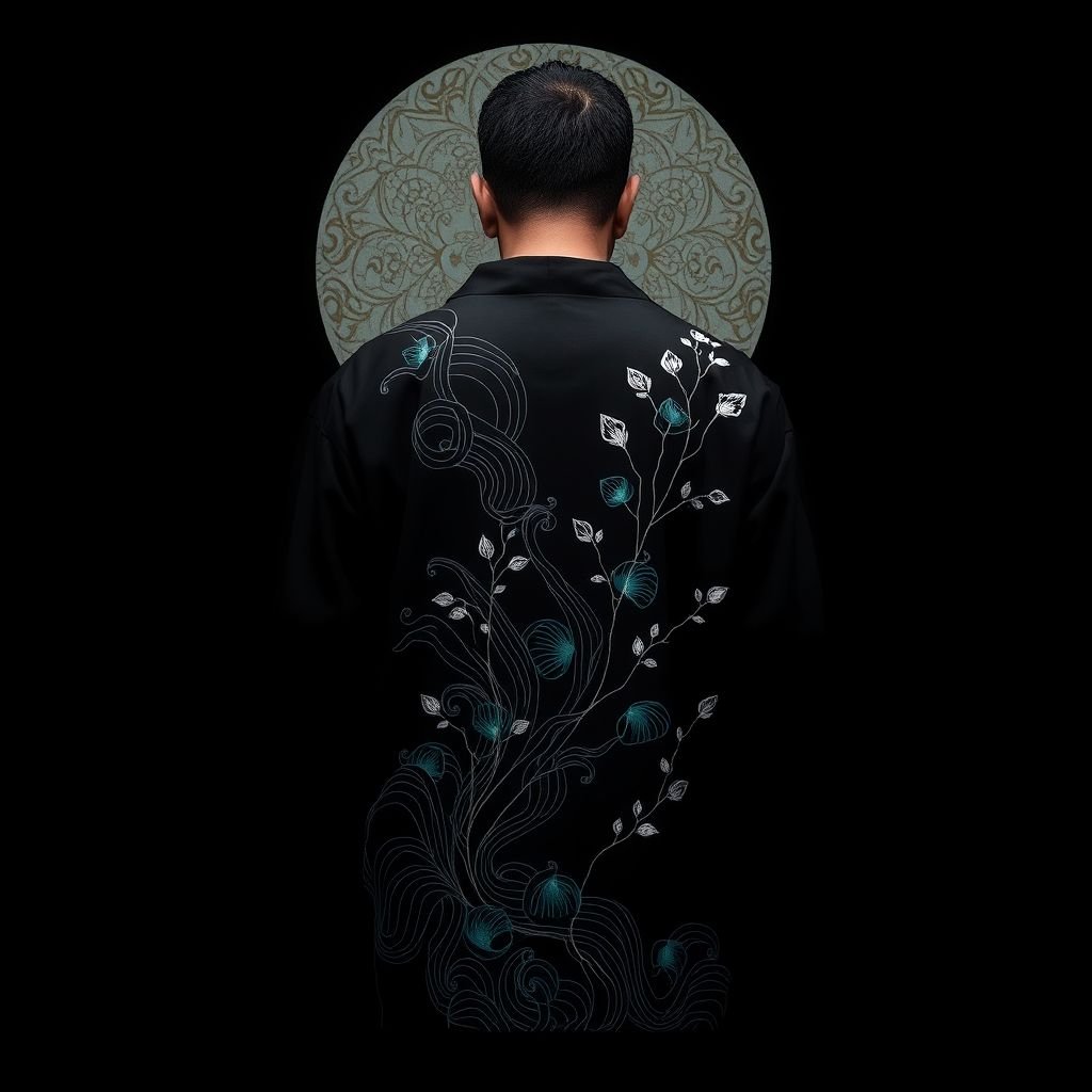 Design a men's kimono with a futuristic aesthetic, blending minimalist and nature-inspired elements. The kimono should feature intricate, line patterns that resemble water, with delicate embroidery reflecting plants and natural forms. Incorporate deep blues and subtle greens, along with silver accents, to represent moonlight. The silhouette should be modern yet traditional,  almost otherworldly quality. Only black on black. Shaman linee

A men's kimono, a harmonious blend of minimalism and nature. Intricate water-like line patterns evoke serene movement. Delicate plant embroidery whispers softly against fabric. Deep blues and subtle greens merge with silver accents, reminiscent of ethereal moonlight. A silhouette that balances modernity and tradition, embodying an otherworldly, shamanic essence. Black on black, enchanting.