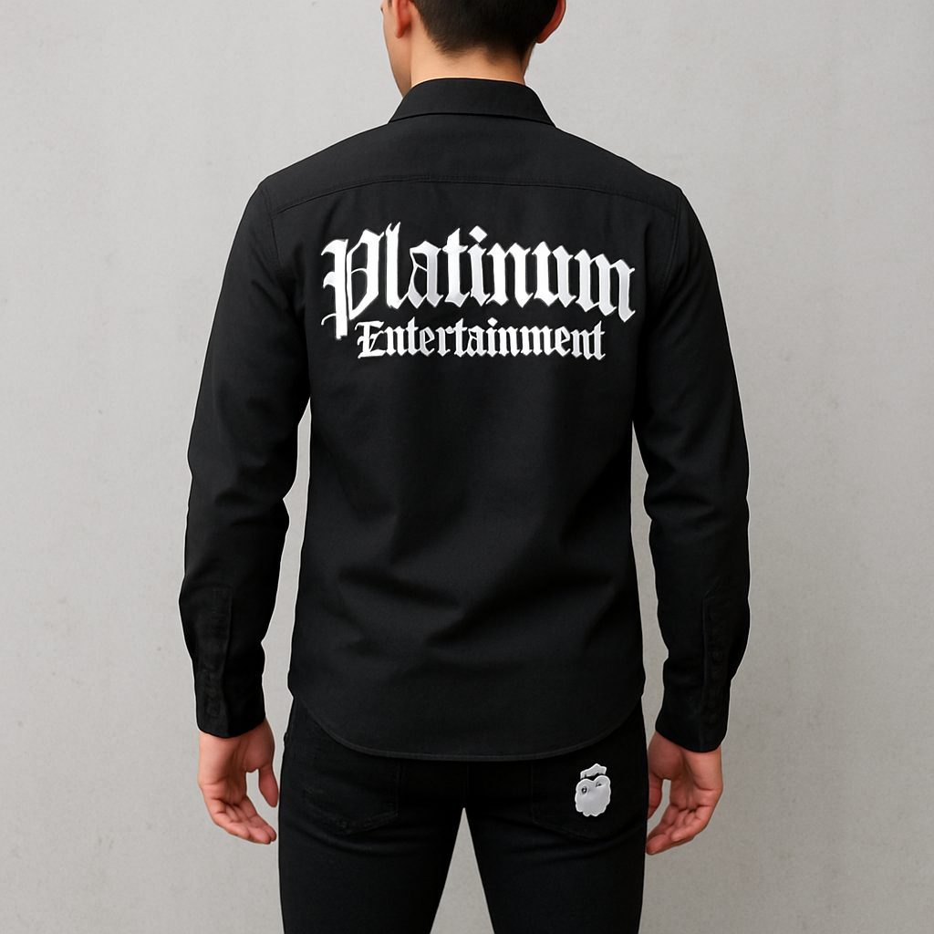 Vato gangsta ware like dickies brand button up shirts, need the words already platinum entertainment on back in old English font and pant skinny jeans black like Amari with Ape logos on back pocket
Streetwear fashion design: **Streetwear Style Enhanced Prompt:**
Cotton button-up shirt, black, with "Platinum Entertainment" in Old English font on back. Black skinny jeans with Ape logo on back pocket. Slim fit.