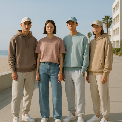 A relaxed California beach-inspired streetwear look, featuring oversized hoodies, boxy graphic tees, baggy jeans, and soft sweatpants, layered casually. Color palette includes muted pastels, washed denim blues, and earth tones. Accessories like caps, sneakers, and subtle bracelets. Sunlight reflecting off a coastal street with palm trees in the background, carefree, youthful, urban-surf lifestyle, casual and trendy, cinematic lighting, high detail with different kinds of  logos