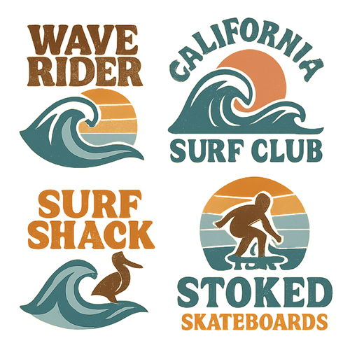 Create a variety of plain streetwear-style logos, featuring bold, trendy designs inspired by California surf and urban lifestyle. Include abstract patterns, oversized typography, retro logos, subtle animal motifs like seagulls, waves, sunsets, skaters, or cars. Designs should be youthful, casual, and edgy, suitable for screen printing on apparel. Use muted pastels, washed denim blues, and earth tones, with clean lines and modern style. Vector-ready, high-detail