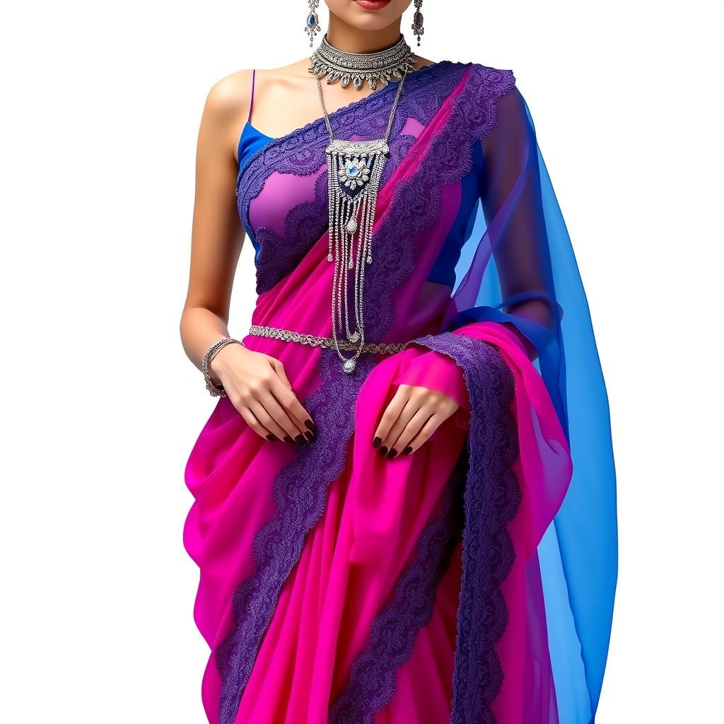 a saree with more revealing skin
A modern saree featuring sheer, translucent fabric, intricate lace trimmings, and bold cutouts along the sides. Vibrant hues of deep magenta and electric blue intertwine, enhancing sensuality. Soft, flowing drapes contrasted by a structured, jeweled blouse. Statement earrings and a cascading waist chain add glamorous, contemporary flair. A fusion of tradition and boldness.
