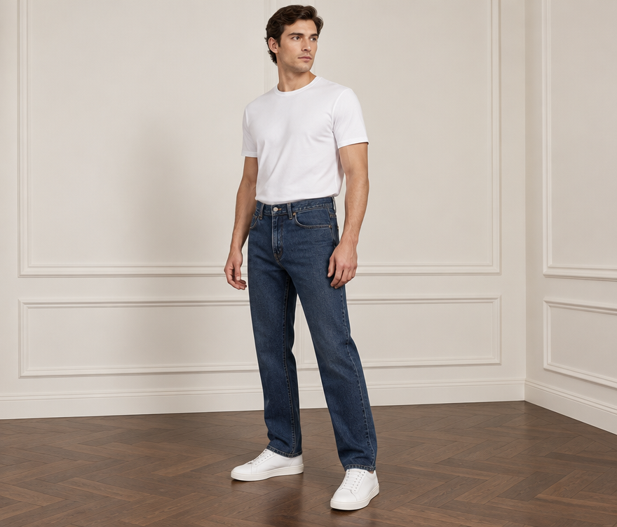 Virtual try-on: Male fashion model wearing jeans, photographed in a premium minimalist indoor studio.
POSE IS CRITICAL:
The model must stand in a natural three-quarter turned pose, slightly rotated relative to the camera, exactly like a professional menswear catalogue pose. Do NOT position the body completely front-facing.
The LEFT LEG must ALWAYS be placed forward and slightly toward the left side of the frame. The RIGHT LEG must remain slightly behind. The legs are naturally separated, creating a relaxed but confident asymmetrical stance. Do not cross the legs.
Both arms hang naturally straight down along the sides of the body. Hands are relaxed and positioned next to the outer thighs, exactly like in the reference. Fingers naturally relaxed. No hands in pockets, no crossed arms, no touching the clothes, no bent elbows, no fashion gestures.
The torso MUST be fully clothed. The model wears a simple clean plain white T-shirt tucked naturally into the jeans. Never show a bare torso, bare chest or abdomen.
The jeans are the main focus of the image. Preserve their exact design, fit, proportions, color, wash, stitching, pockets, waistband, button, fly and fabric texture.
FOOTWEAR:
Wear modern casual footwear suitable for jeans — minimalist sneakers, clean leather sneakers, suede sneakers or semi-classic casual sneakers. The footwear must NOT be formal or classic. No dress shoes, no loafers, no oxfords, no derby shoes, no boots.
CAMERA AND COMPOSITION:
Full-length lower-body fashion catalogue shot, framed from approximately the upper torso to the floor. Camera positioned around hip/waist height with a natural perspective. Both legs and both shoes must be completely visible.
The LEFT FOOT and LEFT LEG are visibly closer to the camera than the right leg, reinforcing the three-quarter turned stance.
Premium European menswear e-commerce photography. Soft natural studio lighting, realistic skin, realistic fabric texture, subtle shadows, elegant neutral interior with warm off-white walls, decorative wall moulding and dark wooden parquet flooring.
Photorealistic, sophisticated, clean, understated luxury aesthetic.
IMPORTANT:
Always maintain the same three-quarter body rotation.
Always keep the LEFT LEG forward.
Always keep the RIGHT LEG slightly behind.
Always keep both arms straight and relaxed beside the thighs.
Always keep the torso clothed with a plain white T-shirt.
Never use formal classic shoes.
Never make the pose completely frontal.
Never put hands in pockets.
FIT REQUIREMENT — STRAIGHT FIT:
The jeans must have an authentic straight-fit silhouette. The leg must fall straight from the thigh down to the ankle with a consistent, natural width. Do not taper the jeans toward the ankle. Do not make them skinny, slim, mom-fit, flared or excessively oversized. Preserve the original proportions and fit of the jeans. Both trouser legs must look naturally straight and balanced.
Dress the person in the image in: Male fashion model wearing jeans, photographed in a premium minimalist indoor studio.
POSE IS CRITICAL:
The model must stand in a natural three-quarter turned pose, slightly rotated relative to the camera, exactly like a professional menswear catalogue pose. Do NOT position the body completely front-facing.
The LEFT LEG must ALWAYS be placed forward and slightly toward the left side of the frame. The RIGHT LEG must remain slightly behind. The legs are naturally separated, creating a relaxed but confident asymmetrical stance. Do not cross the legs.
Both arms hang naturally straight down along the sides of the body. Hands are relaxed and positioned next to the outer thighs, exactly like in the reference. Fingers naturally relaxed. No hands in pockets, no crossed arms, no touching the clothes, no bent elbows, no fashion gestures.
The torso MUST be fully clothed. The model wears a simple clean plain white T-shirt tucked naturally into the jeans. Never show a bare torso, bare chest or abdomen.
The jeans are the main focus of the image. Preserve their exact design, fit, proportions, color, wash, stitching, pockets, waistband, button, fly and fabric texture.
FOOTWEAR:
Wear modern casual footwear suitable for jeans — minimalist sneakers, clean leather sneakers, suede sneakers or semi-classic casual sneakers. The footwear must NOT be formal or classic. No dress shoes, no loafers, no oxfords, no derby shoes, no boots.
CAMERA AND COMPOSITION:
Full-length lower-body fashion catalogue shot, framed from approximately the upper torso to the floor. Camera positioned around hip/waist height with a natural perspective. Both legs and both shoes must be completely visible.
The LEFT FOOT and LEFT LEG are visibly closer to the camera than the right leg, reinforcing the three-quarter turned stance.
Premium European menswear e-commerce photography. Soft natural studio lighting, realistic skin, realistic fabric texture, subtle shadows, elegant neutral interior with warm off-white walls, decorative wall moulding and dark wooden parquet flooring.
Photorealistic, sophisticated, clean, understated luxury aesthetic.
IMPORTANT:
Always maintain the same three-quarter body rotation.
Always keep the LEFT LEG forward.
Always keep the RIGHT LEG slightly behind.
Always keep both arms straight and relaxed beside the thighs.
Always keep the torso clothed with a plain white T-shirt.
Never use formal classic shoes.
Never make the pose completely frontal.
Never put hands in pockets.
FIT REQUIREMENT — STRAIGHT FIT:
The jeans must have an authentic straight-fit silhouette. The leg must fall straight from the thigh down to the ankle with a consistent, natural width. Do not taper the jeans toward the ankle. Do not make them skinny, slim, mom-fit, flared or excessively oversized. Preserve the original proportions and fit of the jeans. Both trouser legs must look naturally straight and balanced.. Keep the person's face, hair, skin tone, body shape, pose and the background exactly the same. Fit the garment naturally to their body with realistic drape, lighting and shadows. Photorealistic.
