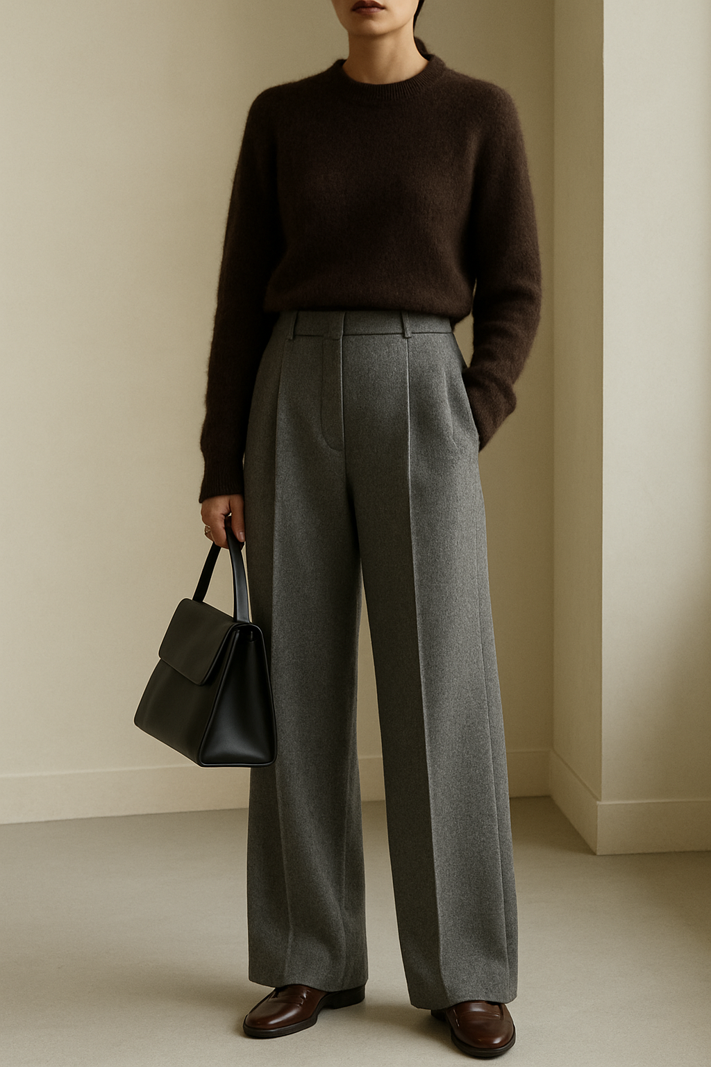Full-body fashion photography of a woman wearing elegant high-waisted wide-leg wool trousers in heather grey. The trousers are made from soft, medium-weight fabric with a subtle textured weave and a relaxed, tailored silhouette. The model pairs them with a dark brown mohair sweater and brown loafers, holding a structured black leather handbag. The outfit feels cozy, minimalist, and premium. The lighting is soft daylight, emphasizing the natural fabric texture. Background shows a modern indoor hallway with wooden doors and neutral tones. Style aesthetic: Scandinavian minimalism, timeless elegance, quiet luxury.
Ready To Wear fashion design: A woman in full-body fashion photography wears elegant high-waisted, wide-leg heather grey wool trousers. The soft, medium-weight fabric has a relaxed, tailored fit. She pairs them with a dark brown mohair sweater and brown loafers, holding a black leather handbag. The overall look is cozy, minimalist, and premium, captured in soft daylight within a modern indoor setting.