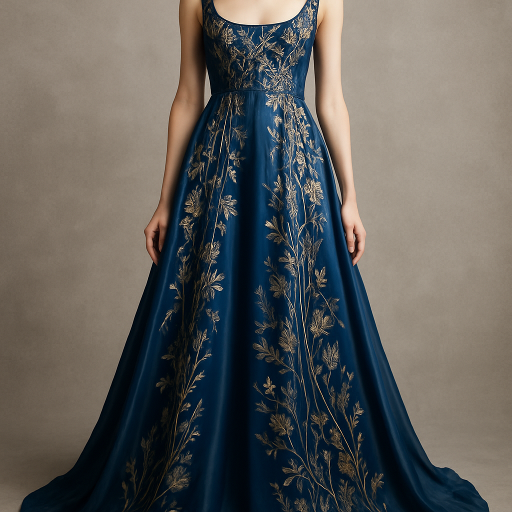 Flowing silk evening gown with botanical embroidery
Haute Couture fashion design: **Flowing silk evening gown in midnight blue, with intricate botanical embroidery in gold and silver. The silhouette is empire waist, fitted to the bodice and flowing to the floor, creating a regal and ethereal look.**