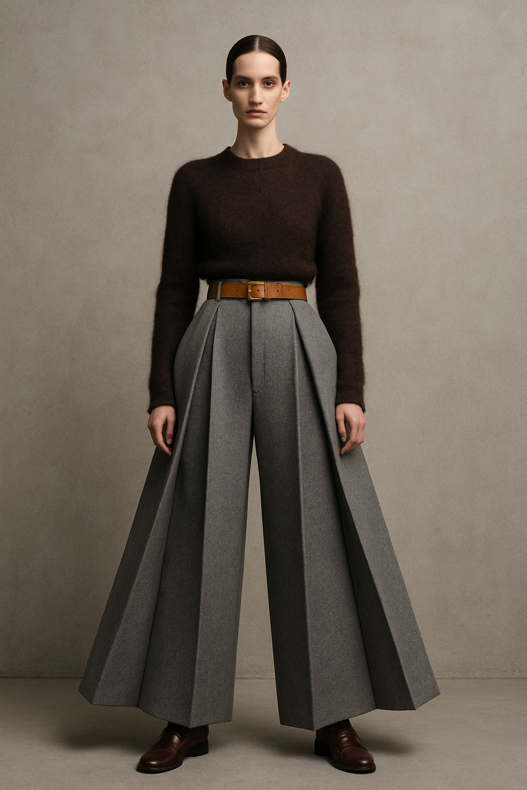 Full-body fashion photography of a woman wearing elegant high-waisted wide-leg wool trousers in heather grey. The trousers are made from soft, medium-weight fabric with a subtle textured weave and a relaxed, tailored silhouette. The model pairs them with a dark brown mohair sweater and brown loafers, holding a structured black leather handbag. The outfit feels cozy, minimalist, and premium. The lighting is soft daylight, emphasizing the natural fabric texture. Background shows a modern indoor hallway with wooden doors and neutral tones. Style aesthetic: Scandinavian minimalism, timeless elegance, quiet luxury. with belt camel
Avant Garde fashion design: Full-body Avant Garde fashion photography of a woman wearing high-waisted wide-leg heather grey wool trousers with an exaggerated, architectural cut. The trousers feature severe pleating and an elongated hem. She wears a camel belt, a dark brown mohair sweater, and brown loafers. The outfit feels avant-garde, stark, and bold.