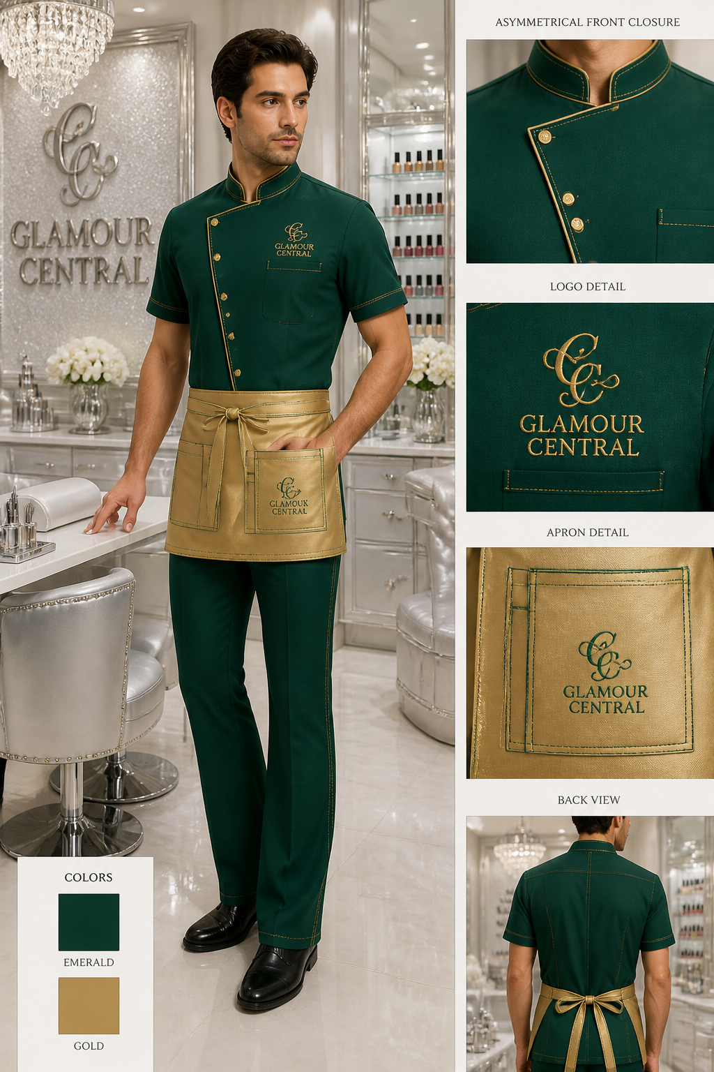 Men's emerald-colored, bootcut-fit manicurist uniform smock with extra gold stitching and an asymmetrical front closure. Include logo: Glamour Central. Include a gold colored apron with emerald stitching. Spa decor should be silver and pearl
Men's emerald-colored, bootcut-fit manicurist uniform smock with extra gold stitching and an asymmetrical front closure. Include logo: Glamour Central. Include a gold colored apron with emerald stitching. Spa decor should be silver and pearl
