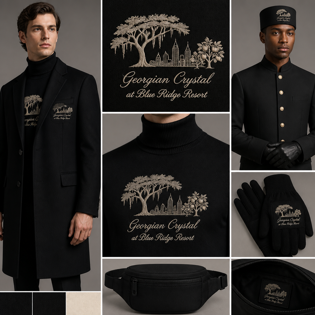 All Black warm long-sleeve alpaca wool straight-cut tailored-fit blazer suit with black pockets. Make sure pockets have black stitching. Include an attachable, hidden black sleek fanny pack to hold pens, a small pen pad, front office cordless phone, and front office keys. The front pocket logo should have the business name "Georgian Crystal at Blue Ridge Resort" embroidered with Ivory stitching only in cursive font. Include an ivory-embroidered Southern Live Oak Tree with Spanish Moss and Peach Trees with fallen peaches influenced by the Atlanta skyline within front pocket logo. Please create a design for men only. Logo should be located on the front of the blazer only. Blazer should be knee length. instead of button up, include turtleneck sweater underneath if front office agent needs to take off blazer. Turtleneck Sweater needs to have a front pocket logo as well. include logoed hat and gloves for bellmen
Men's black alpaca wool, straight-cut, tailored blazer, knee-length. Embroidered "Georgian Crystal at Blue Ridge Resort" on front pocket in ivory cursive. Logo includes ivory Southern Live Oak, Spanish Moss, Peach Trees, Atlanta skyline. Black turtleneck sweater with same logo. Black fanny pack with black stitching, attachable inside. Black alpaca wool hat and gloves with logo for bellmen.