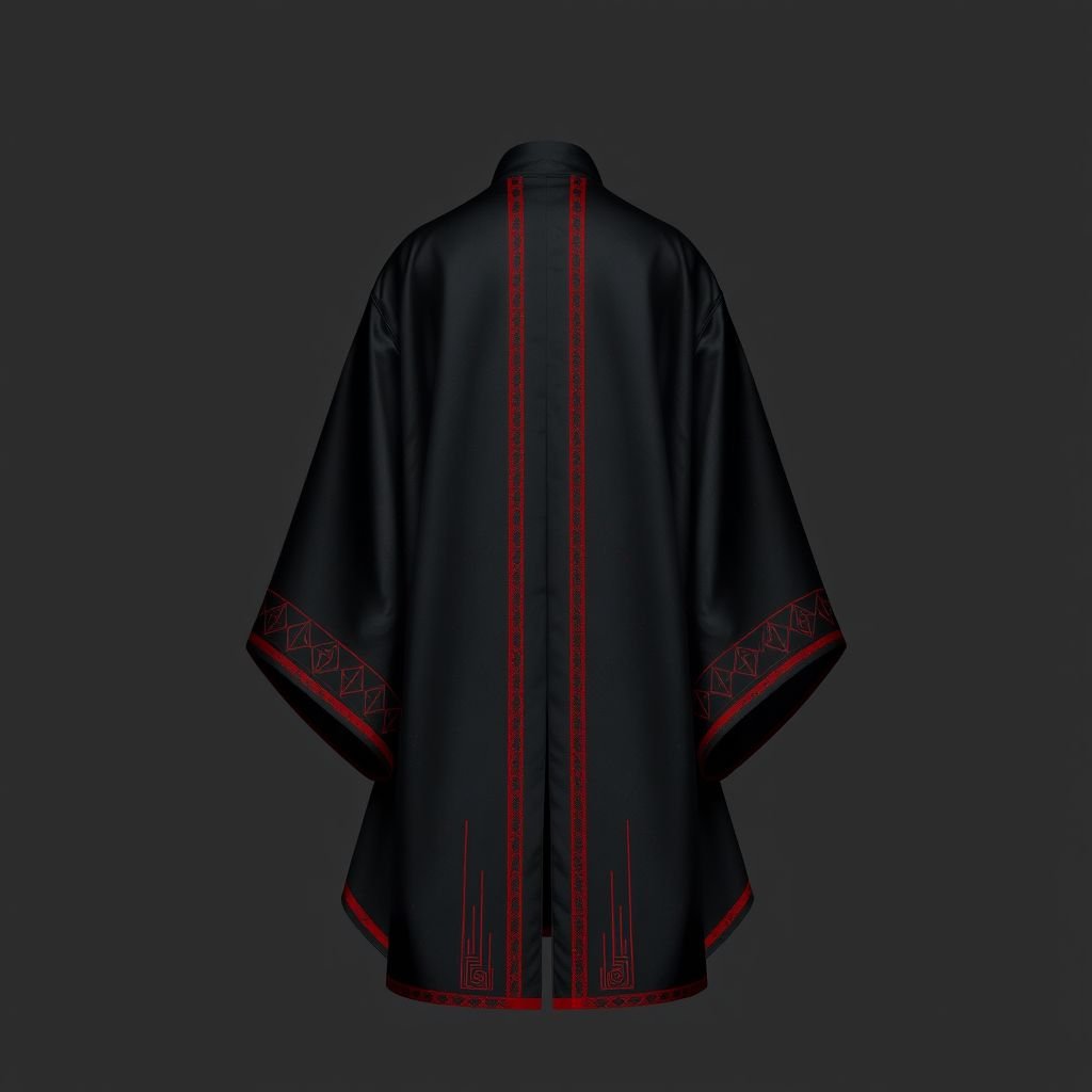 Design a men's kimono with a futuristic, minimalist aesthetic. Incorporate vertical lines and subtle red accents for contrast, creating a sleek, modern look. The kimono should have a shamanic, futuristic vibe, blending geometric shapes and spiritual symbolism. The base color should be black, with the red accents adding a sophisticated touch of color and depth. The design should evoke both tradition and innovation, combining ancient spiritual elements with a cutting-edge, technological feel."



Futuristic men's kimono. Black silk fabric, smooth texture. Vertical lines creating elongated silhouette. Red accents outlining sleeves and hem, subtle yet striking. Geometric patterns woven into the fabric, ethereal shimmer. Shamanic symbols discreetly integrated, spiritual essence. Minimalist cut, wide sleeves, modern collar. Innovative blend of tradition, technology, sophistication, and artistry.