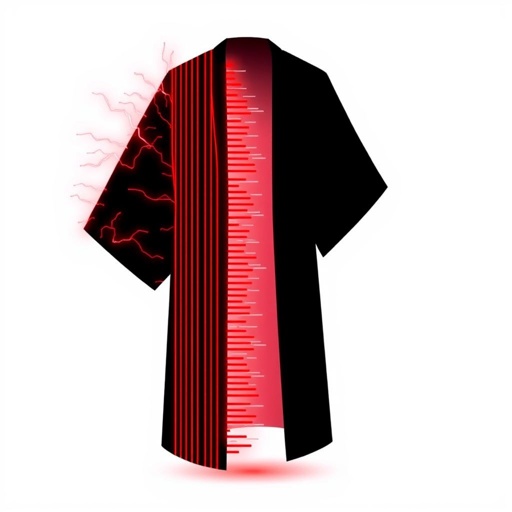 Design a men's kimono with a futuristic, minimalist aesthetic. On one side of the kimono, feature vertical lines in varying widths and lengths, randomly placed in red, creating a dynamic and fluid pattern. The other side should remain clean and simple, maintaining a sleek, modern silhouette. The base color should be black, with the red lines adding contrast and energy to one side. The overall design should combine a modern, shamanic feel, blending tradition with innovation, and evoke both spiritual and futuristic elements."