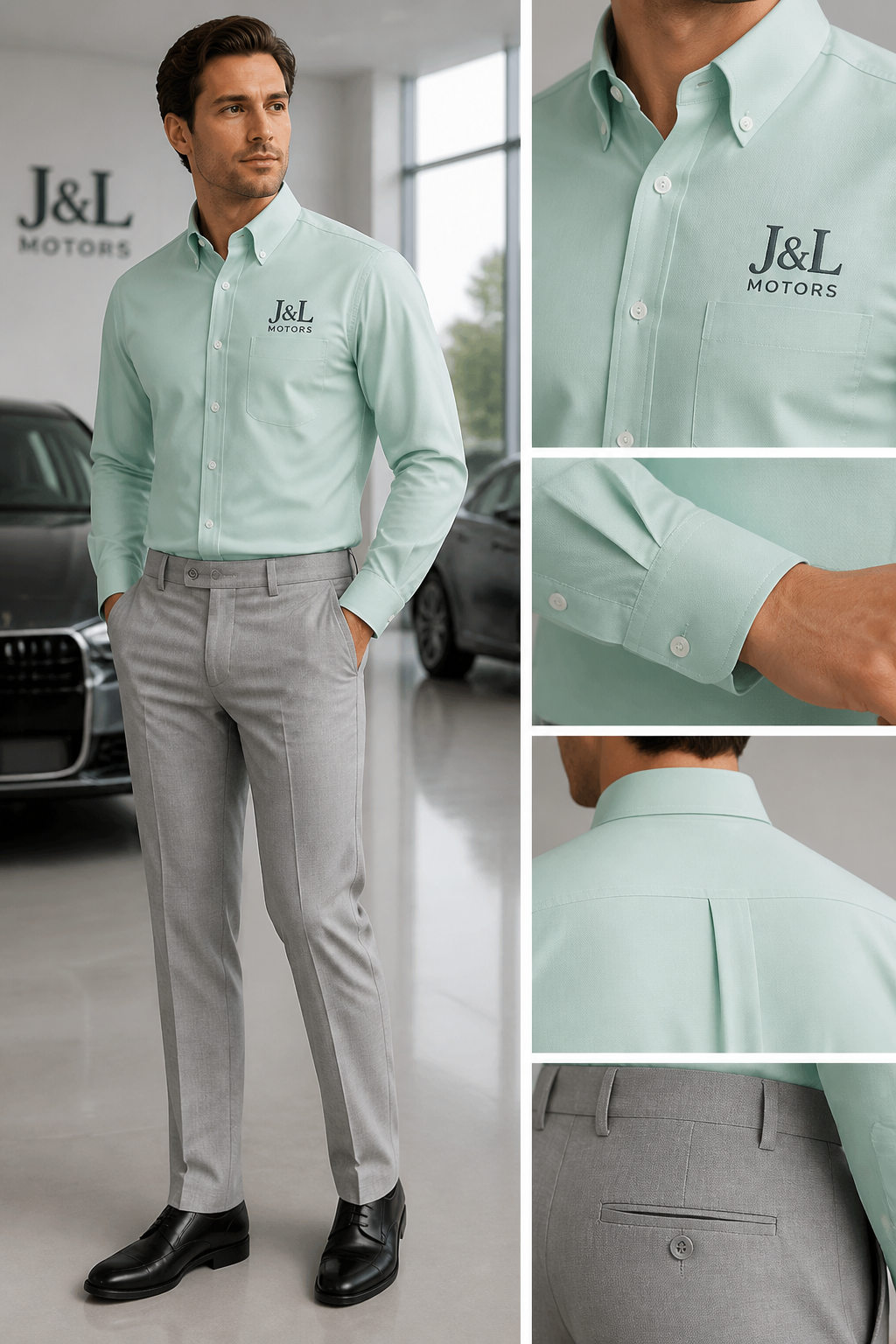 Male button-down shirt in the color mint with J&L motors logo with light gray suit pants
Male button-down shirt in the color mint with J&L motors logo with light gray suit pants