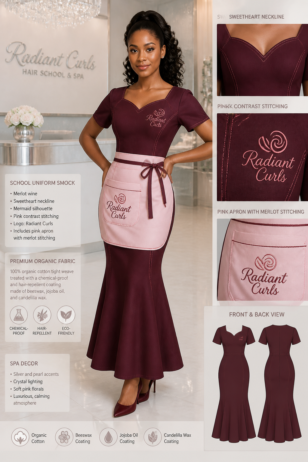 Women's Merlot wine ankle-length mermaid hair school uniform smock with extra pink stitching and sweetheart neckline. Include logo: Radiant Curls. Include a pink-colored apron with Merlot wine stitching. Spa decor should be silver and pearl. Uniform fabric should be 100% organic cotton tight weave treated with a chemical-proof and hair-repellent coating made of beeswax, jojoba oil, and candelilla wax.
Women's Merlot wine ankle-length mermaid hair school uniform smock with extra pink stitching and sweetheart neckline. Include logo: Radiant Curls. Include a pink-colored apron with Merlot wine stitching. Spa decor should be silver and pearl. Uniform fabric should be 100% organic cotton tight weave treated with a chemical-proof and hair-repellent coating made of beeswax, jojoba oil, and candelilla wax.