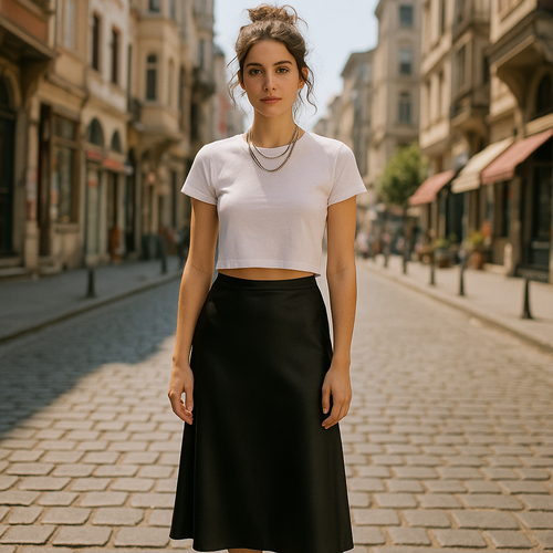 Ultra realistic full-body fashion photo of a natural female model in Istanbul retro district, daylight with soft cinematic lighting. She wears a silky satin midi skirt in black (plain cut, no slit, no pockets, no extra seams), paired with a slim fit white crop T-shirt (crew neck, cotton jersey, high quality) . Around her neck she has more multiple silver necklaces layered for a statement look. On her feet black ballet flats. Hair styled in a messy bun with wavy strands falling naturally, casual yet chic. She looks cool but casual, elegant and authentic. The photo should capture head-to-toe, do not crop, with realistic fabric textures (satin fluid and soft, cotton crisp, blazer structured). Retro city street background in Istanbul, bright natural daylight, professional fashion photography.
never use pockets