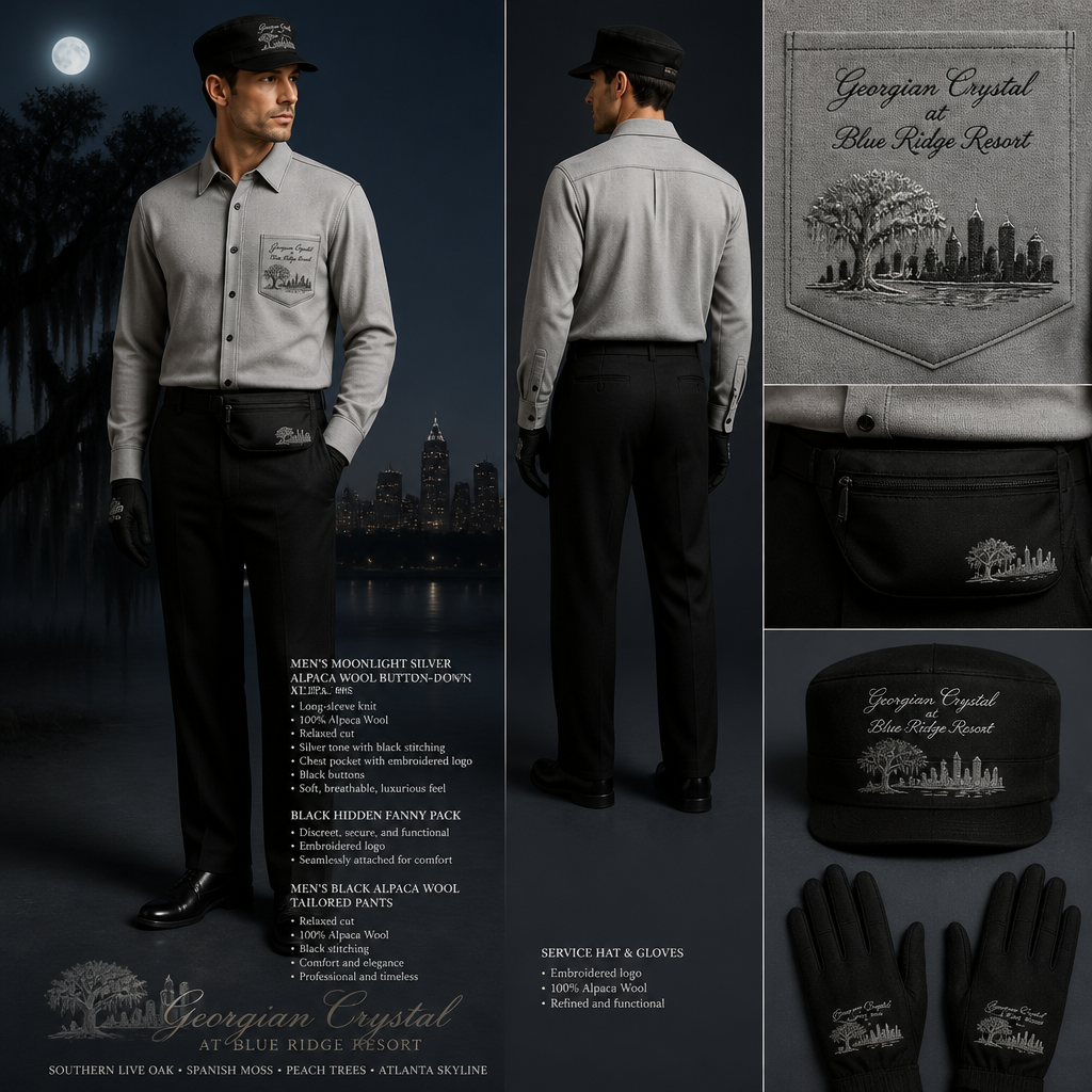 Moonlight silver long-sleeve knit alpaca wool button-down. Make sure silver pockets have black stitching. Include an attachable, black, sleek, hidden fanny pack to hold pens, a small pen pad, front office cordless phone, and front office keys. The front pocket logo should have the business name "Georgian Crystal at Blue Ridge Resort" embroidered with black stitching only in cursive font. Include a silver-embroidered Southern Live Oak Tree with Spanish Moss and Peach Trees with fallen peaches influenced by the Atlanta skyline within front pocket logo. Please create a design for men only. Logo should be located on the front of the button-down. Include a logoed service hat and gloves for bellmen. Black alpaca wool relaxed-cut tailored pants should have black stitching
Men's Moonlight silver long-sleeve knit alpaca wool button-down shirt. Relaxed cut. Silver pockets with black stitching. Attach black, hidden fanny pack. Embroidered cursive "Georgian Crystal at Blue Ridge Resort" logo with silver Southern Live Oak, Spanish Moss, Peach Trees, and Atlanta skyline on front pocket. Black alpaca wool relaxed-cut tailored pants with black stitching. Logoed service hat and gloves.
