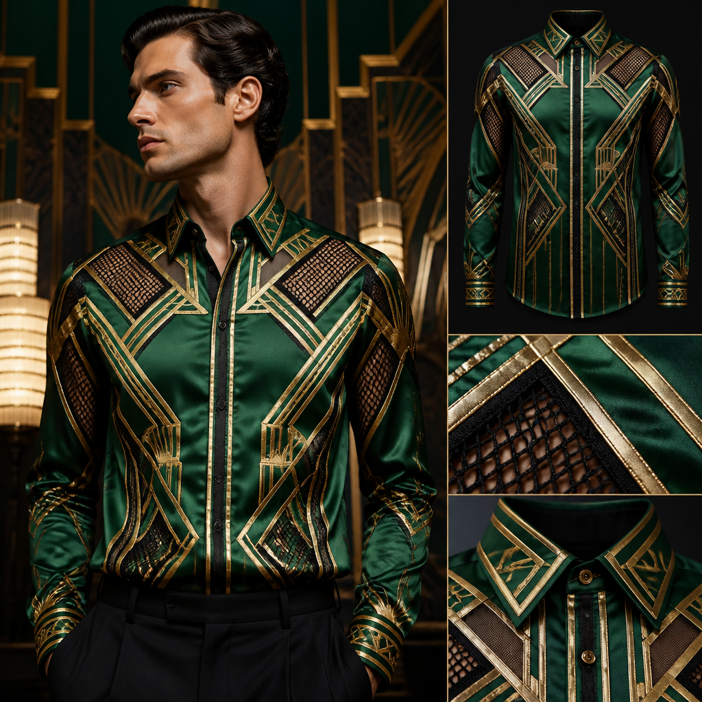 I want silk bold colour like art deco. Make them have mesh too. I want it to be for a man too
Art Deco fashion design: Men's Art Deco inspired silk shirt, tailored fit. Bold geometric patterns in emerald green and gold. Mesh panel inserts.