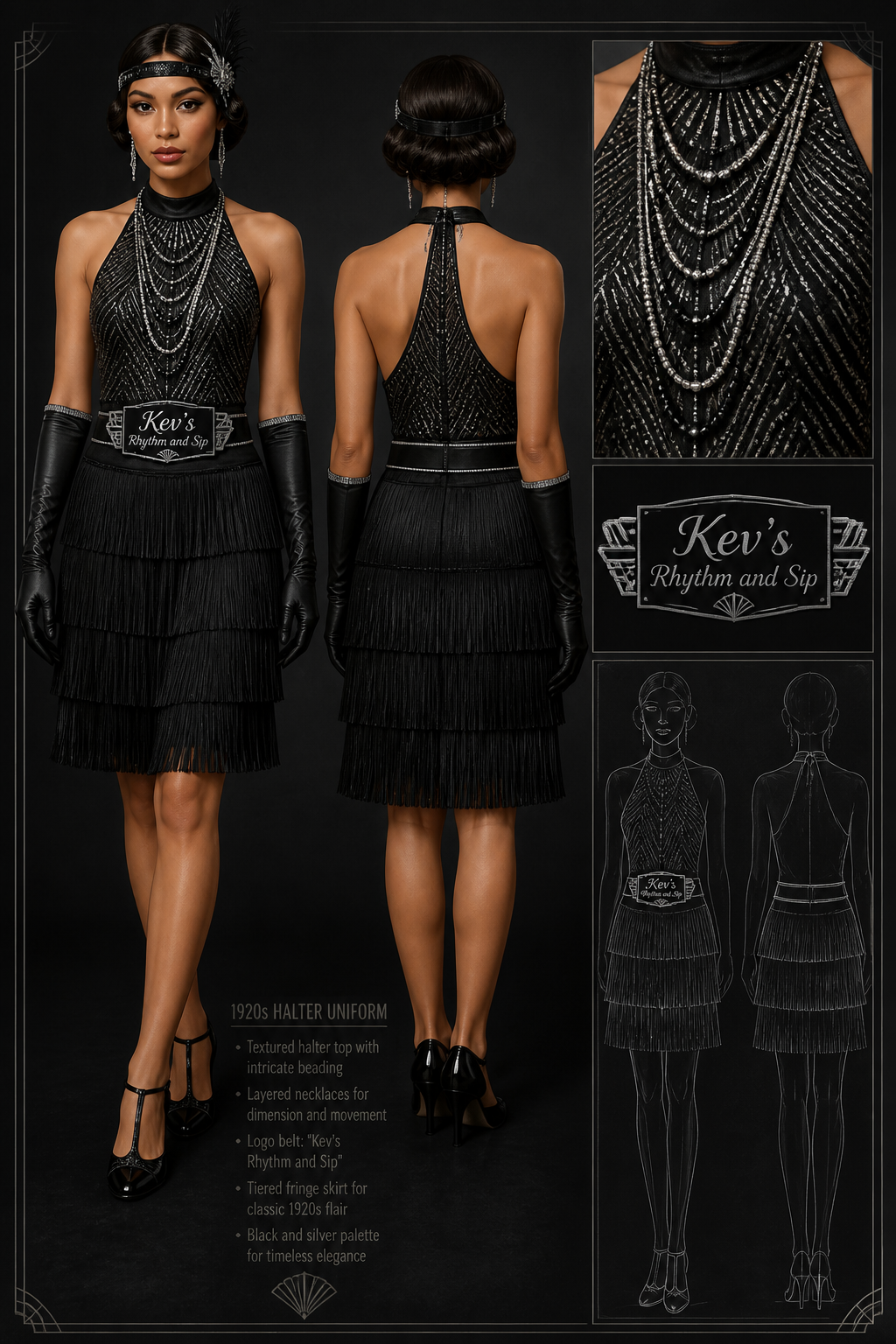 black and silver 1920s halter uniform, textured top with tiered fringe knee-length uniform skirt and layers of necklaces with logo on belt that says = Kev's Rhythm and Sip
black and silver 1920s halter uniform, textured top with tiered fringe knee-length uniform skirt and layers of necklaces with logo on belt that says = Kev's Rhythm and Sip