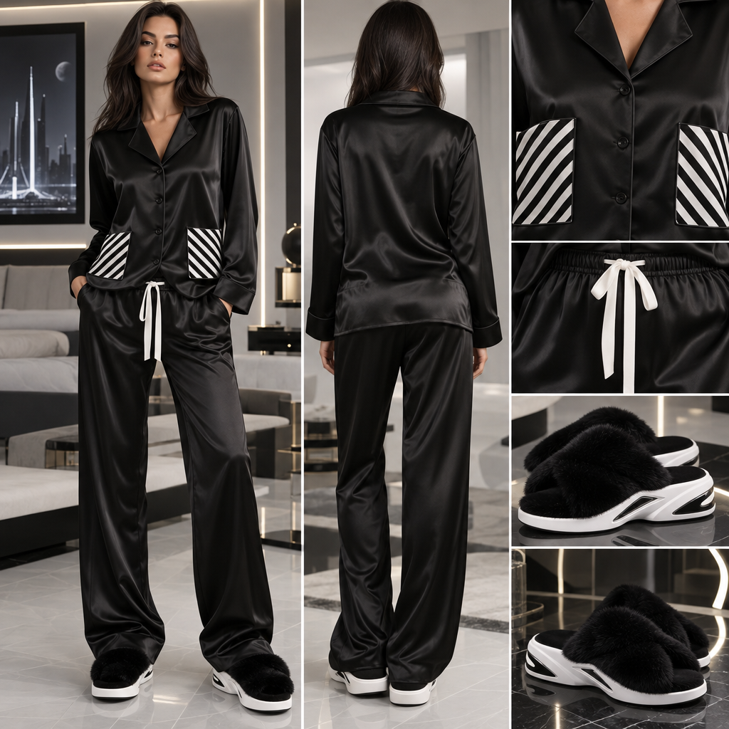 Black satin long sleeve pajama top and long black satin pajama bottoms with white tie at waist. On black pajama top two pockets one on left side and one on right side with black and white diagnol stripes on pockets. Black fur slippers with white sole on slipper
Black satin long sleeve pajama top and long black satin pajama bottoms with white tie at waist. On black pajama top two pockets one on left side and one on right side with black and white diagnol stripes on pockets. Black fur slippers with white sole on slipper, futuristic style
