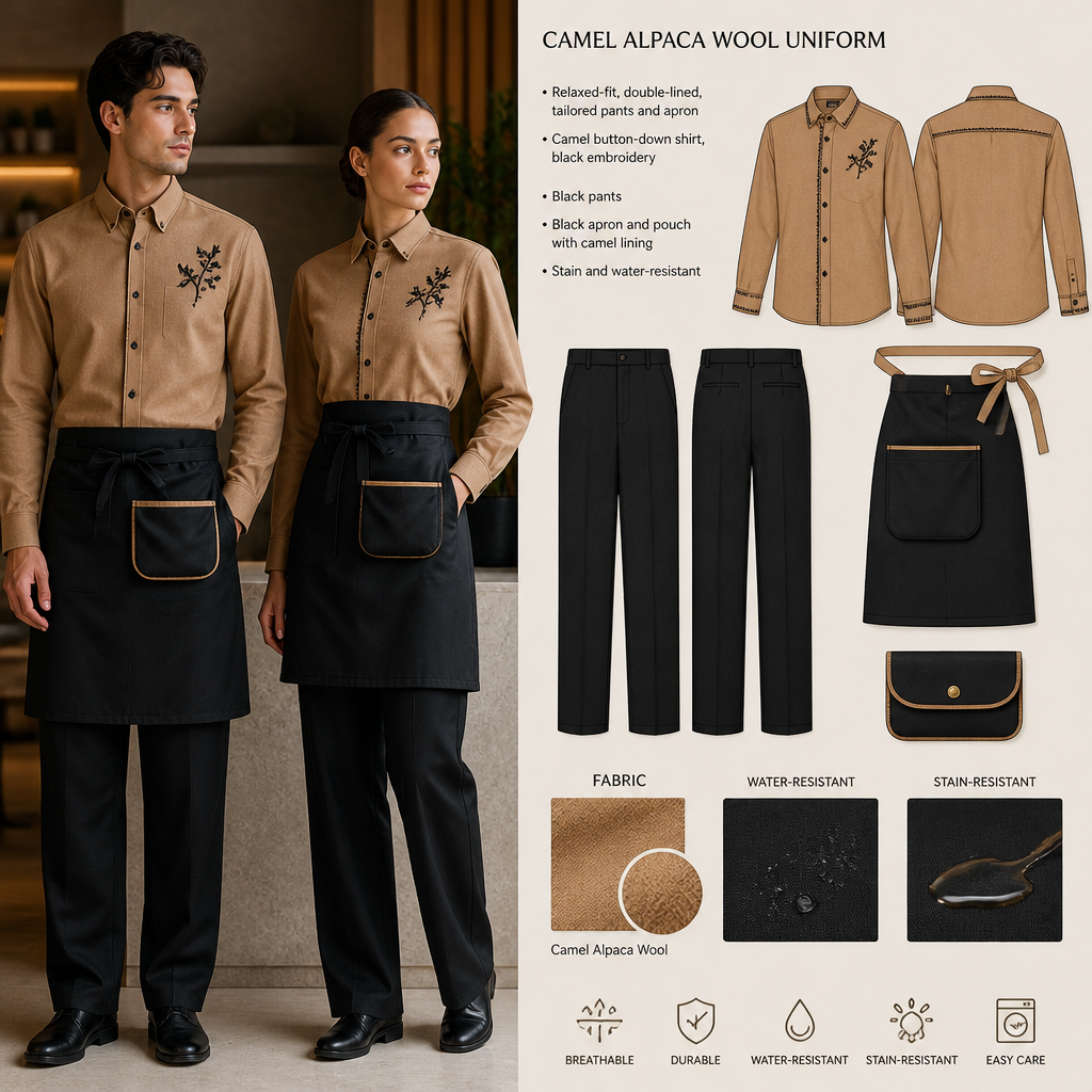 Create a uniform for male wait staff that is camel colored, double-lined, tailored, relaxed fit, made of alpaca wool, stain-resistant, and water-resistant. Include pants and apron. Button-down shirt should be camel colored with black embroidered letters: Georgian Crystal at Blue Ridge Resort and a Southern Live Oak Tree with Spanish Moss and Peach Trees with fallen peaches, influenced by the Atlanta skyline; pants should be black, and the apron and pouch should be black. The apron and pouch should have camel lining.
Camel alpaca wool uniform: relaxed-fit, double-lined, tailored pants and apron. Camel button-down shirt, black embroidery. Black pants. Black apron and pouch with camel lining. Stain and water-resistant.