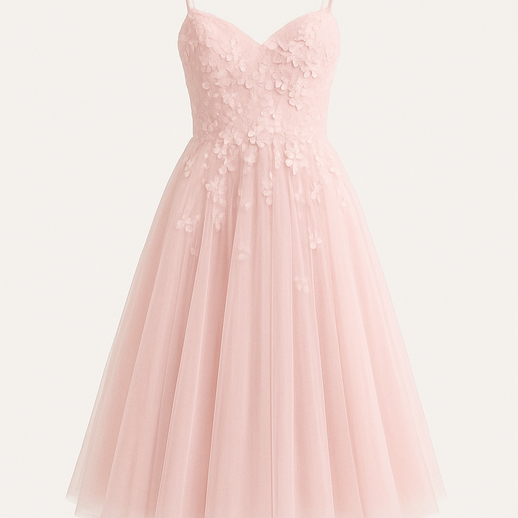 “A pastel pink romantic dress with layered tulle, floral 3D appliqués, a sweetheart neckline, and a flowing A-line silhouette. Soft, dreamy, feminine, and airy.”

Ready To Wear fashion design: A pastel pink dress with layered tulle. Floral appliqués, sweetheart neckline, flowing A-line silhouette. Soft, feminine, and airy. Made for a comfortable, ready-to-wear fit.