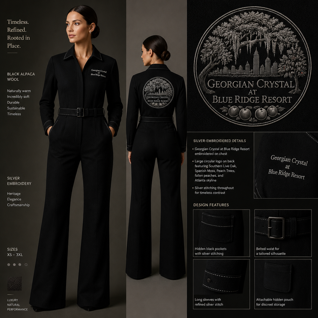 Black warm collared and belted long-sleeve timeless elegance professional bootcut jumpsuit made of alpaca wool with silver cursive font embroidered "Georgian Crystal at Blue Ridge Resort" on front logo with silver stitching, then add hidden black pockets. Make sure non-sheen pockets have silver stitching. Include an attachable hidden black pouch to hold pens, a small pen pad, front office cordless phone, and front office keys. Large logo should include a silver-stitched only Southern Live Oak Tree with Spanish Moss and Peach Trees with fallen peaches, influenced by the Atlanta skyline on the front chest area only, and The entire front chest logo size should be the size of a circular plate, including the resort name within the circular plate. Create a design for women in the front office only.
Black alpaca wool jumpsuit. Collared, belted, long-sleeve, bootcut. Timeless silhouette. Silver-embroidered "Georgian Crystal at Blue Ridge Resort" on chest with silver stitching. Hidden black pockets with silver stitching. Attachabe hidden pouch. Large circular chest logo: silver-stitched Southern Live Oak, Spanish Moss, Peach Trees with fallen peaches, influenced by Atlanta skyline, resort name inside.