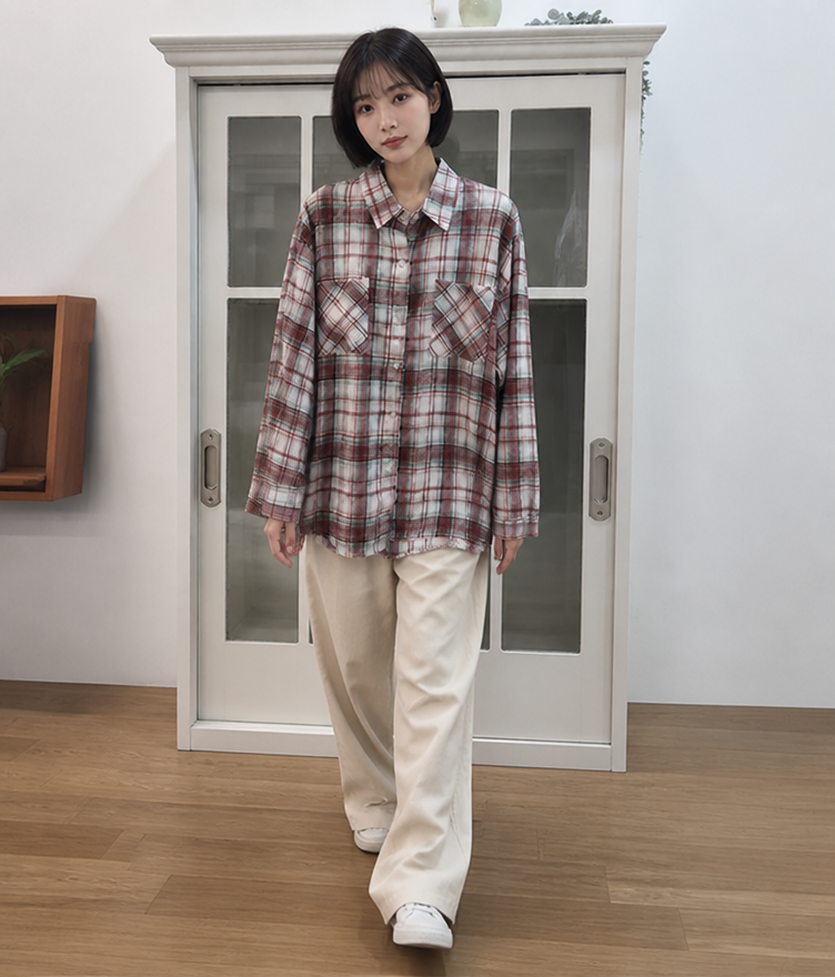 Reposed: 걷는 포즈
Change the model's pose in the image to: 걷는 포즈. Keep the same person, the exact same garment (design, color, fabric, details), the same lighting and the same background. Photorealistic, no text.