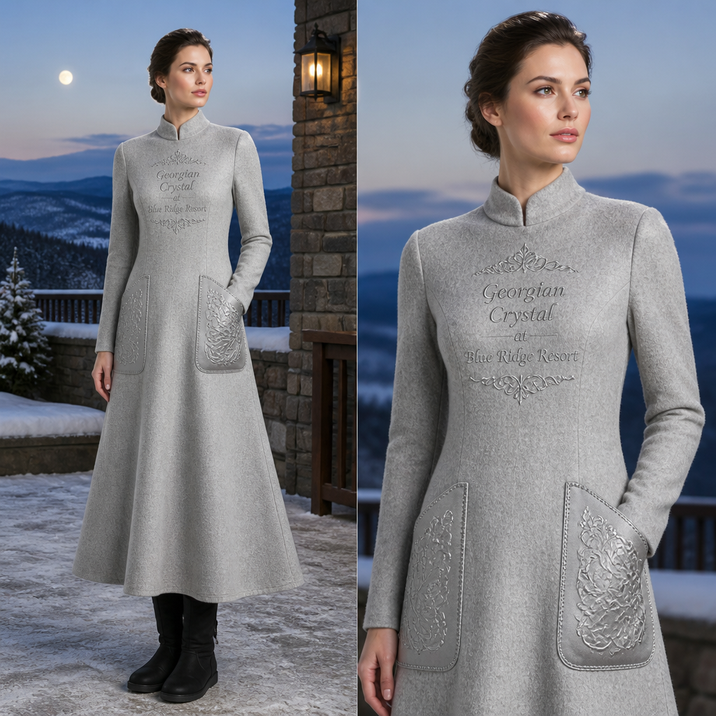 Moonlight silver warm turtleneck long-sleeve timeless elegance flowy tailored shin-length dress made of alpaca wool with cursive font embroidered "Georgian Crystal at Blue Ridge Resort" on front logo with black stitching, then add silver pockets. Make sure non-sheen pockets have silver stitching. Include an attachable hidden silver pouch to hold pens, a small pen pad, front office cordless phone, and front office keys. Large logo should include a black-stitched only Southern Live Oak Tree with Spanish Moss and Peach Trees with fallen peaches, influenced by the Atlanta skyline on the front chest area only. Create a design for women in the front office only. Include black knee-high professional snow-grade flat boots for front office team members who may need to visit the outside grounds of the resort in the snow. No laces on boots. The entire front chest logo size should be the size of a circular plate
Moonlight silver alpaca wool, tailored A-line dress, full-length, with "Georgian Crystal at Blue Ridge Resort" embroidery on the front. Features silver patch pockets with silver stitching. Black knee-high, flat, pull-on snow boots complete the look.