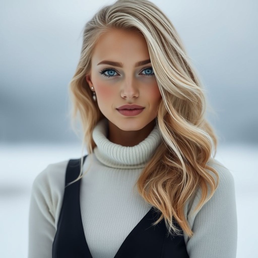 Highly realistic portrait of a Nordic woman with blonde hair and blue eyes, very few freckles on her face, gaze sharp and intellectual. The lighting should reflect the unique coolness of Northern Europe. Outfit is minimalist and modern, background is blurred in cool tones. Needs to perfectly capture the characteristics of a Scandinavian woman. solo, Centered composition