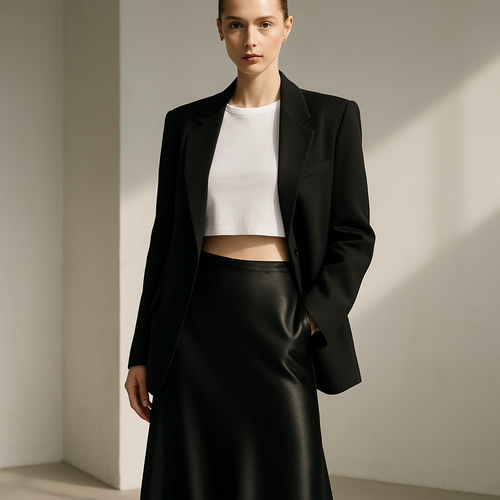 A luxury fashion editorial style photo of a female model standing in a modern minimal setting. She wears a white crop t-shirt (same design as reference: plain, round neck, short sleeve, minimal cut), paired with a black satin midi skirt and a tailored black oversized blazer. The look is styled as a total look outfit, elegant yet modern. The satin skirt should appear silky and fluid, the blazer structured and premium, and the white t-shirt crisp and minimal. Neutral clean background, cinematic daylight, high-quality fashion photography.