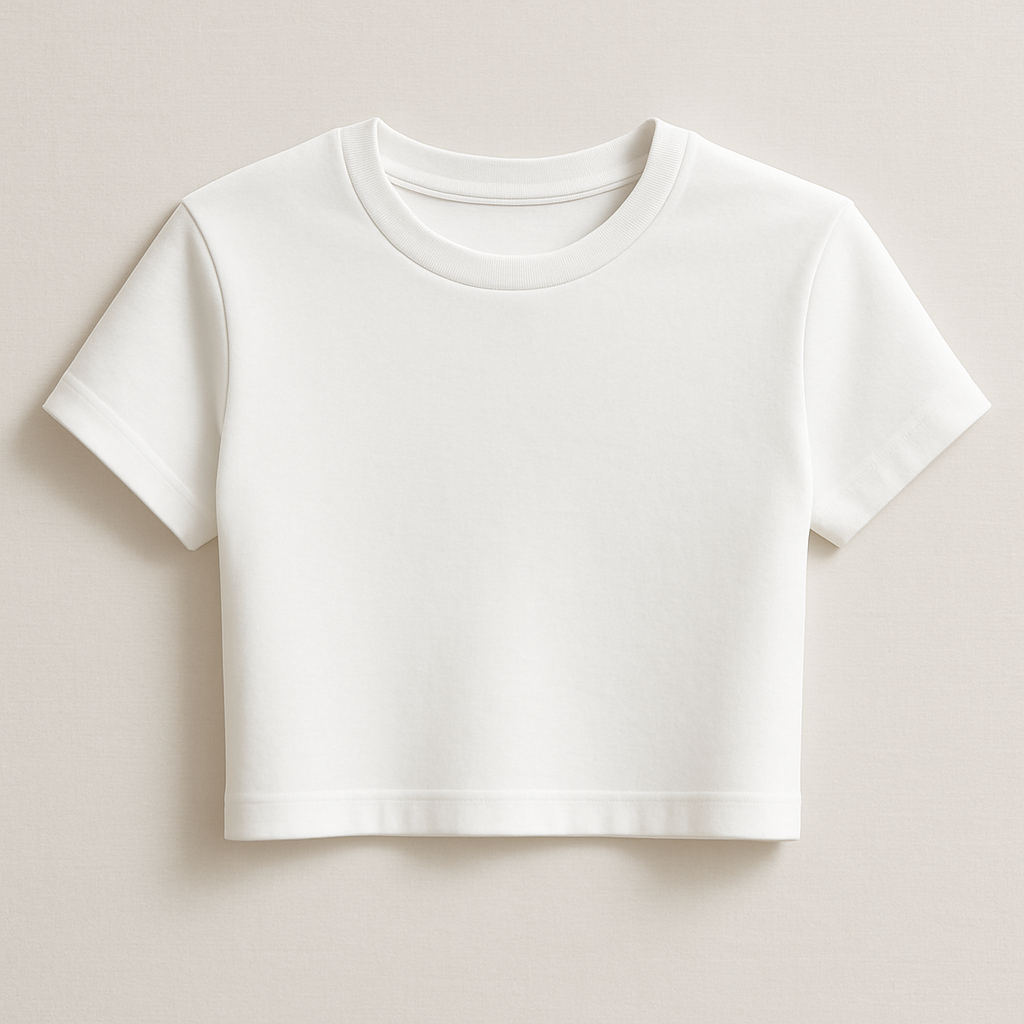 A premium women’s crop basic crew neck t-shirt, slim fit, ending just below the bust line, made of first-class high-quality cotton fabric with a soft luxurious texture. Short sleeves, minimal and elegant design. Ghost mannequin hollow man style photography, the t-shirt looks 3D as if worn by an invisible model, perfectly shaped and realistic fit. Photographed in natural daylight, clean background, ultra-detailed premium cotton fabric texture, hyperrealistic stitches, 3D/4D depth of field close-up, fashion e-commerce product photography aesthetic.
Classic fashion design: A premium women’s crop crew neck t-shirt. Slim fit, below-bust length. Soft, high-quality cotton. Short sleeves. Classic, clean design. Essential, refined style.