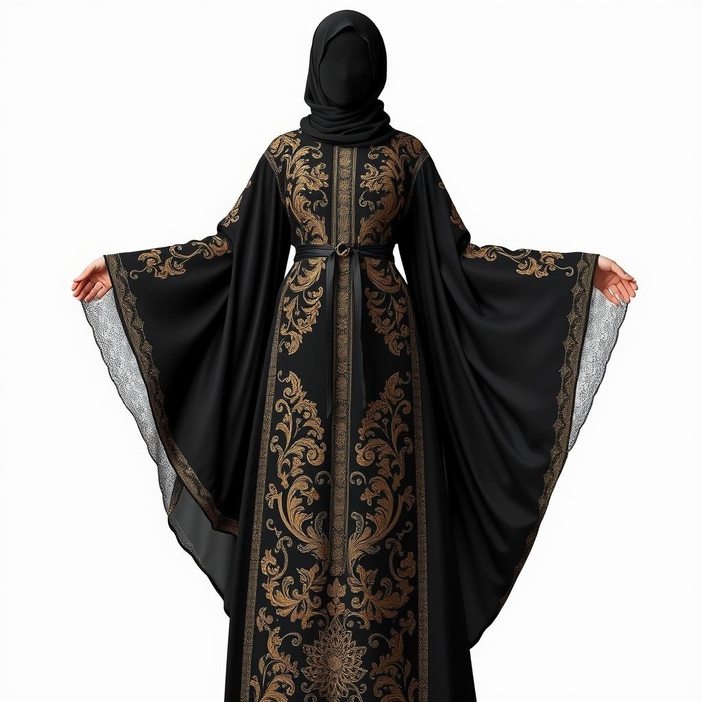 Black Arab Women's Abaya Design

Elegant black abaya adorned with intricate gold embroidery, featuring a flowing silhouette. Luxurious silk fabric draping gracefully, framing the body. Wide sleeves with lace accents, enhancing femininity. High collar offering modesty, while a delicate belt cinches the waist, accentuating curves. Rich, opulent textures combined with traditional craftsmanship, evoking timeless sophistication.